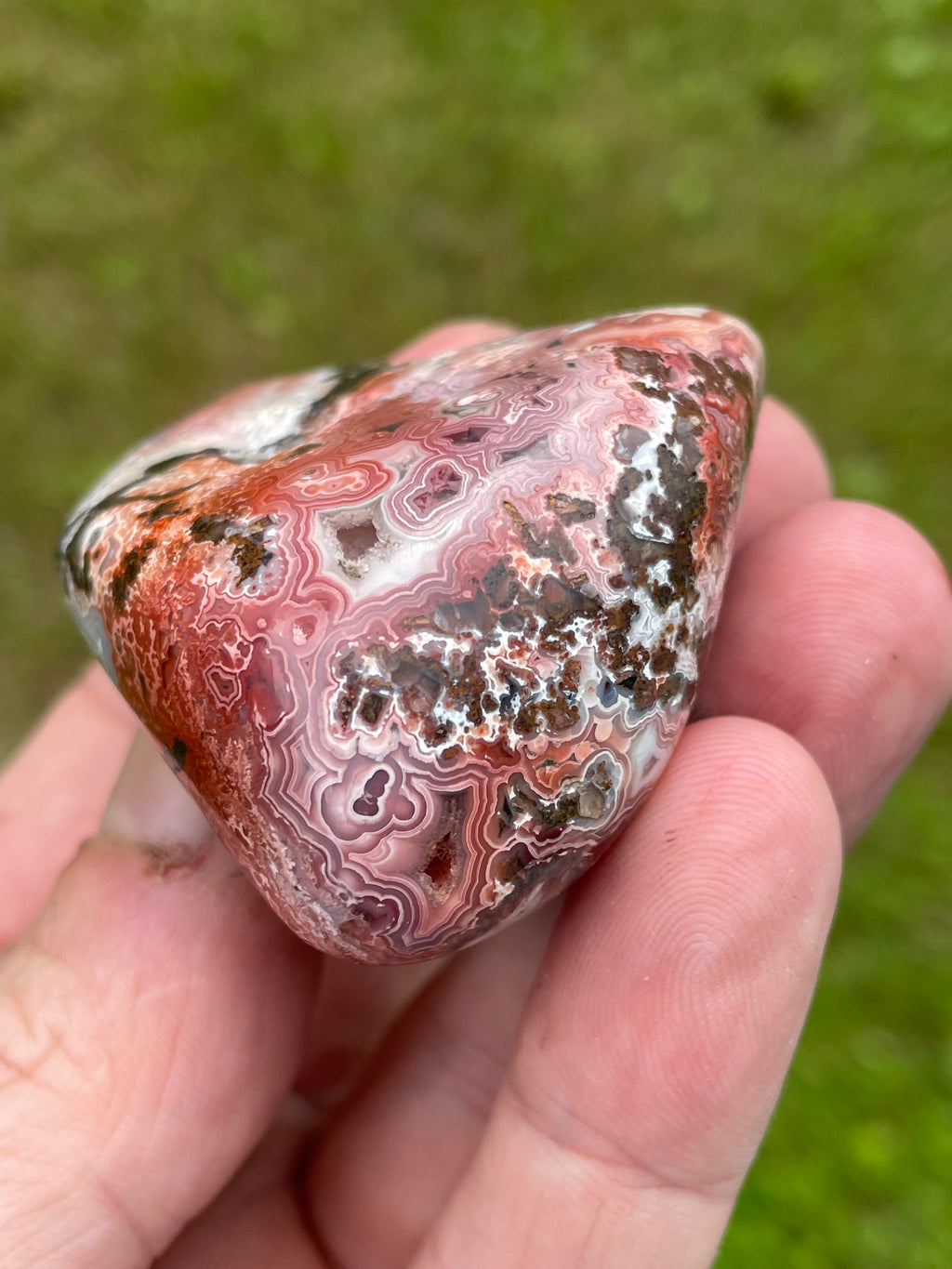 StoneBorn Creations Hand-Polished Lace Agate Freeform with Crimson Fortification Banding, Natural Druzy Cavities, and Intricate Orbicular Patterns
