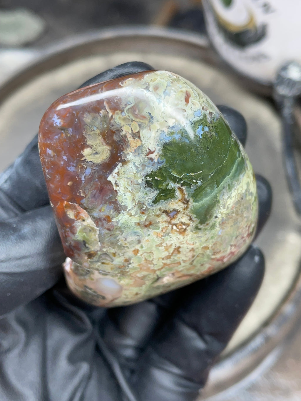StoneBorn Creations Hand-Polished Multicolor Lace Agate with Natural Green and Rust Patterns – One-of-a-Kind Display Stone