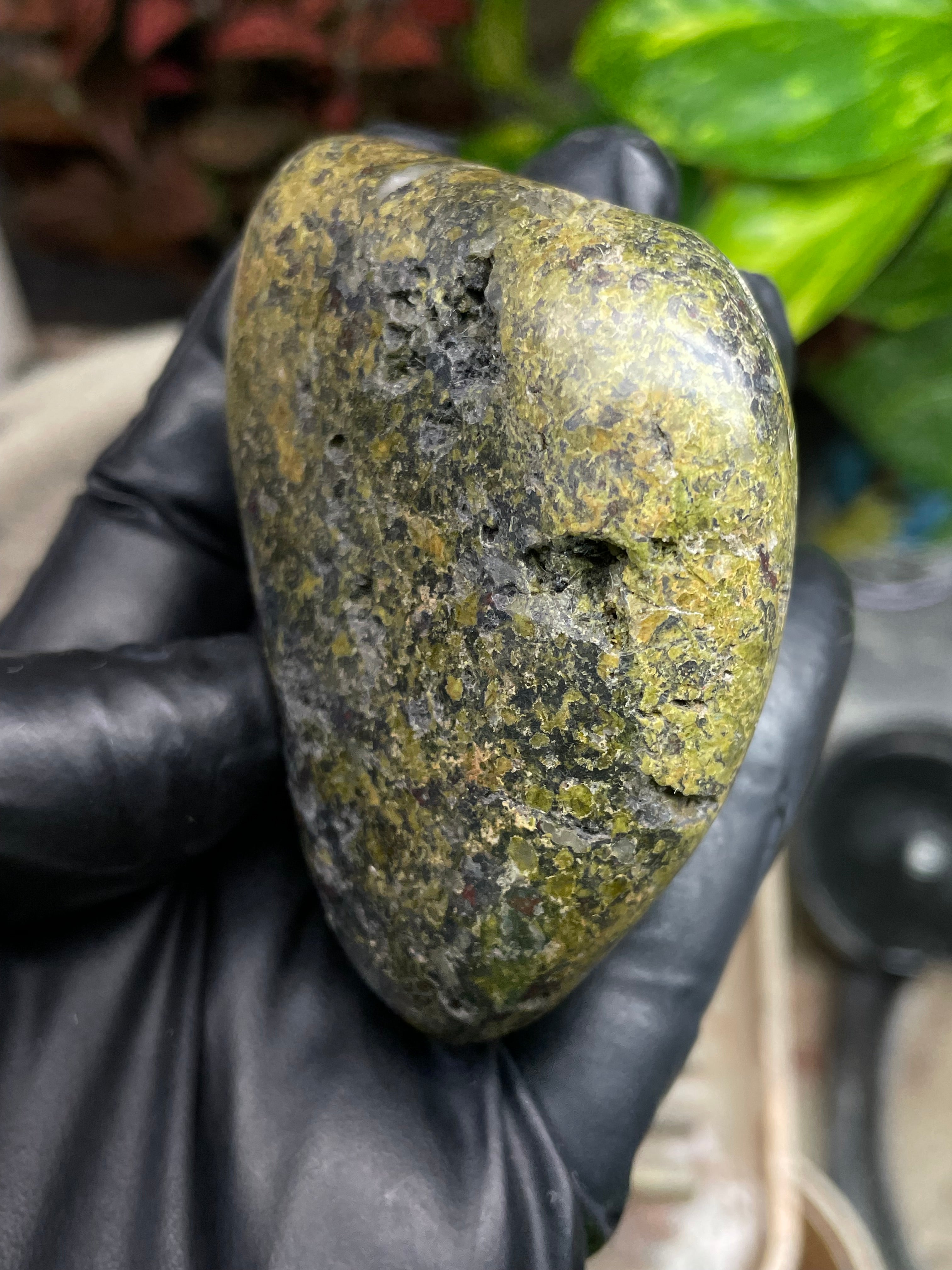 StoneBorn Creations Hand-Polished Vermont Serpentine with Garnet Flecking, Quartz Pockets, and Deep Olive Green Matrix Freeform Finish