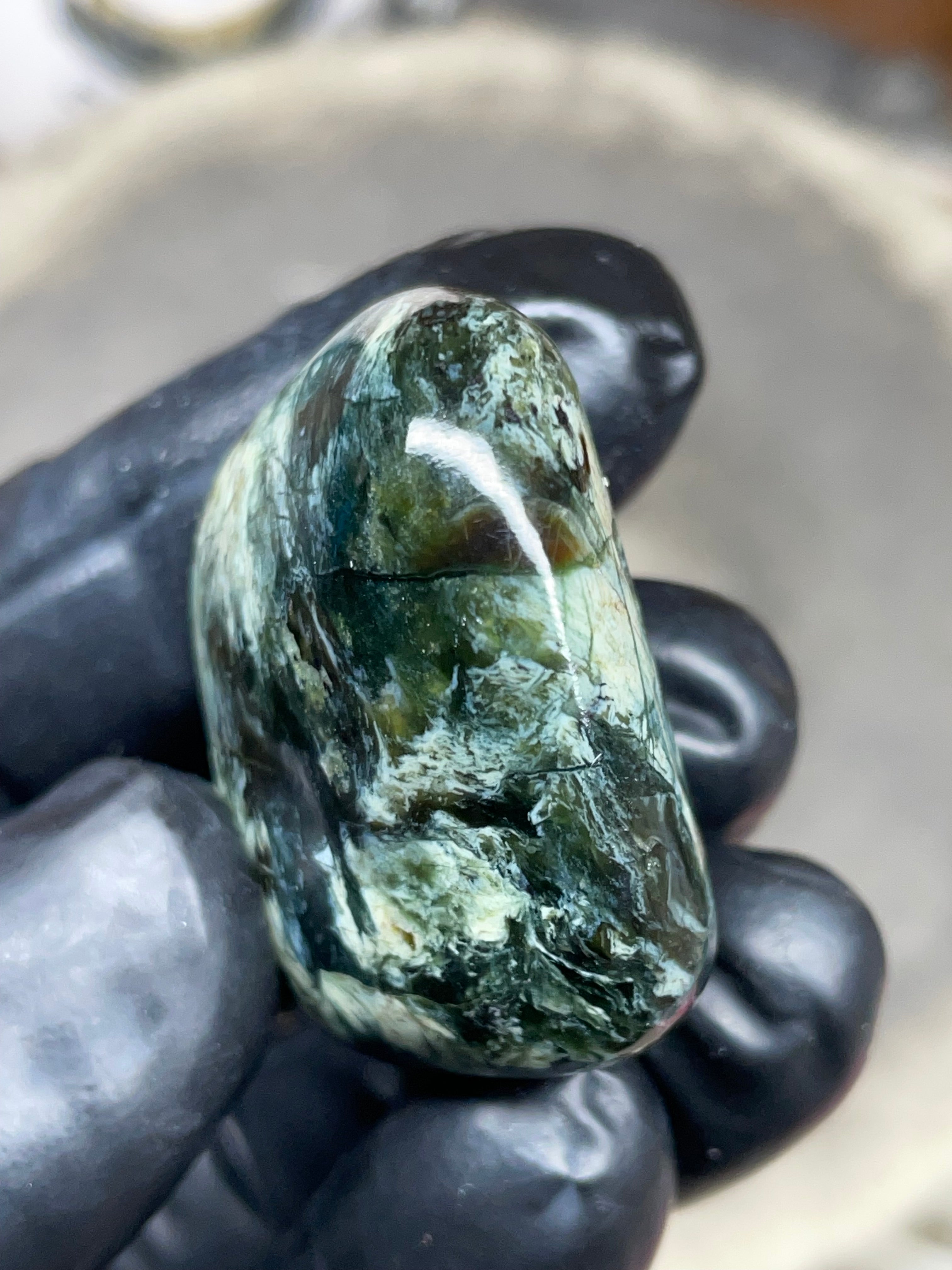 StoneBorn Creations Hand-Polished Vermont Serpentine – Deep Green Natural Patterns – One-of-a-Kind Display Stone