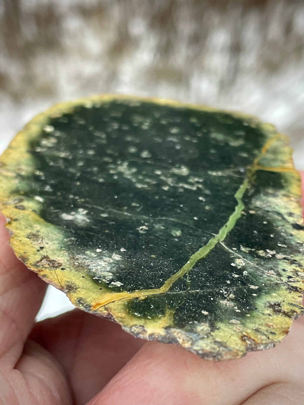 🌲 Polished Vermont Serpentine Stone – Dark Veined Freeform Slice (Hand-Collected & Polished)