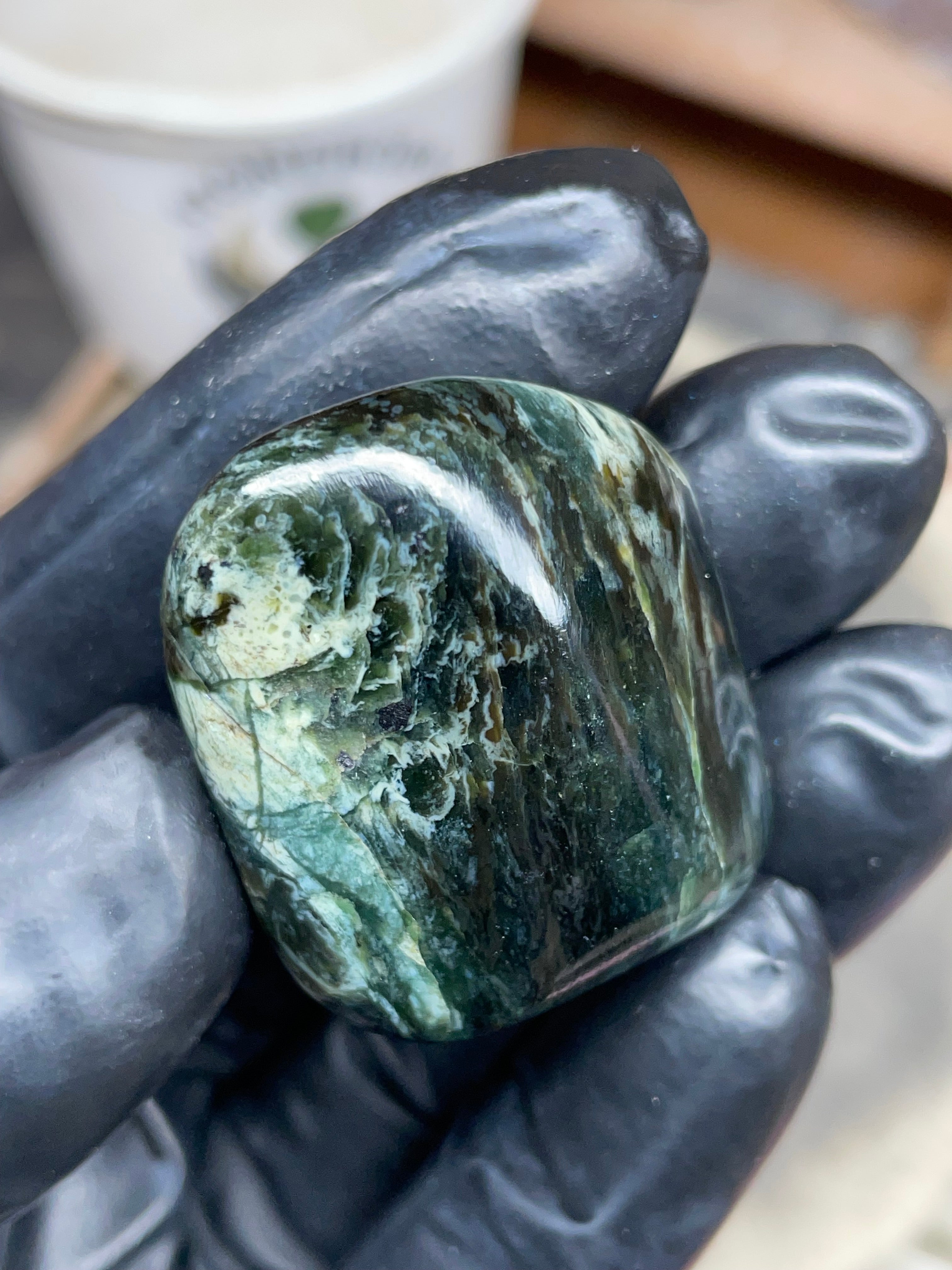 StoneBorn Creations Hand-Polished Vermont Serpentine – Deep Green Natural Patterns – One-of-a-Kind Display Stone
