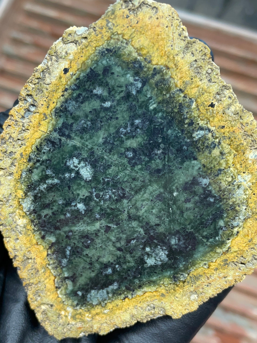 StoneBorn Creations | Polished Vermont Greenstone Slab — Deep Green Core with Golden Weathered Rind