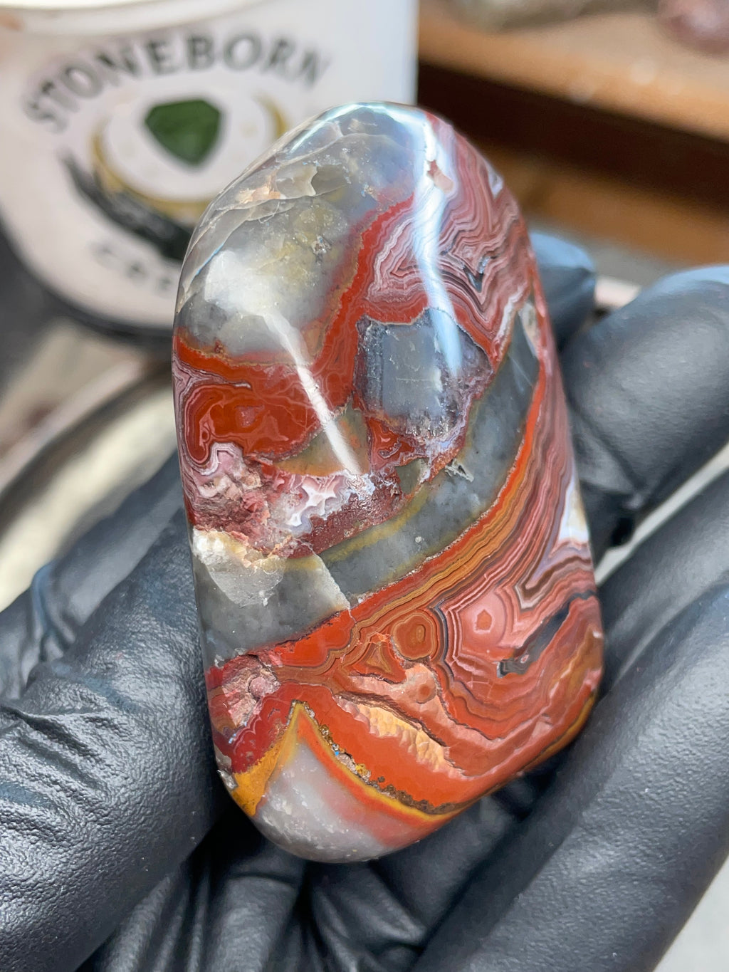 StoneBorn Creations – Hand Polished Crazy Lace Agate – Double Sided Fire Banding