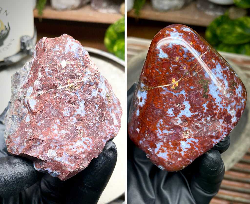 StoneBorn Creations Hand Polished Red Jasper with Blue Chalcedony Veining and Natural Earth Matrix Freeform Finish