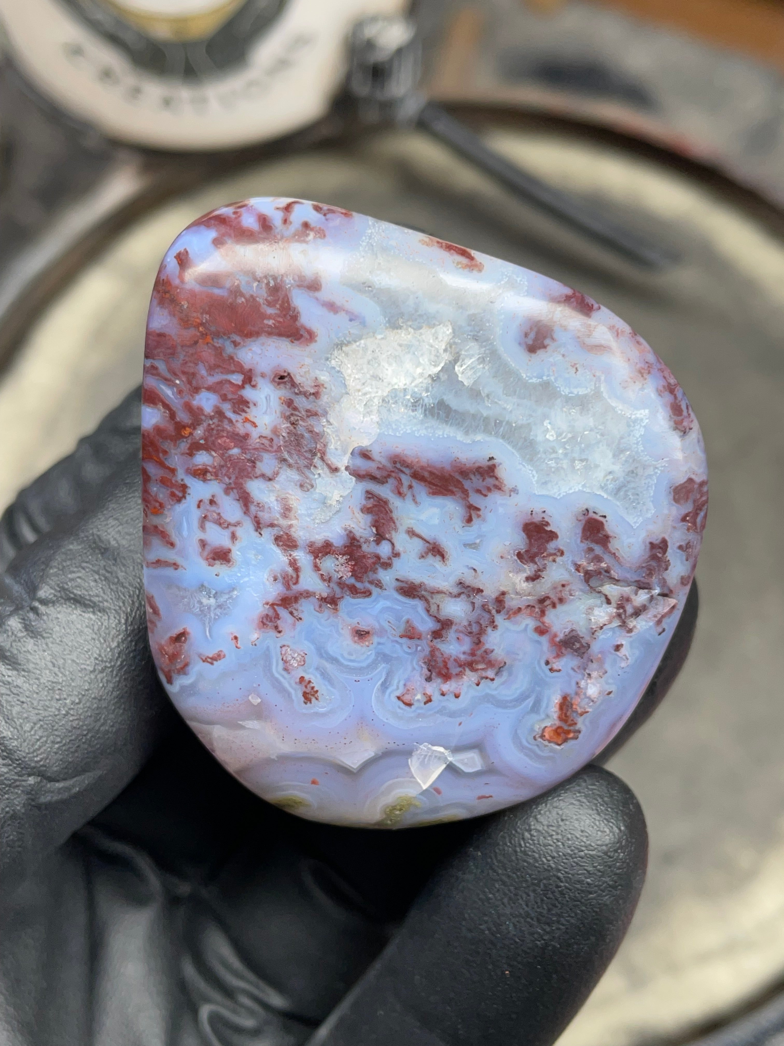 StoneBorn Creations – Hand-Polished Blue Lace Agate with Red Plume Inclusions & Natural Druzy