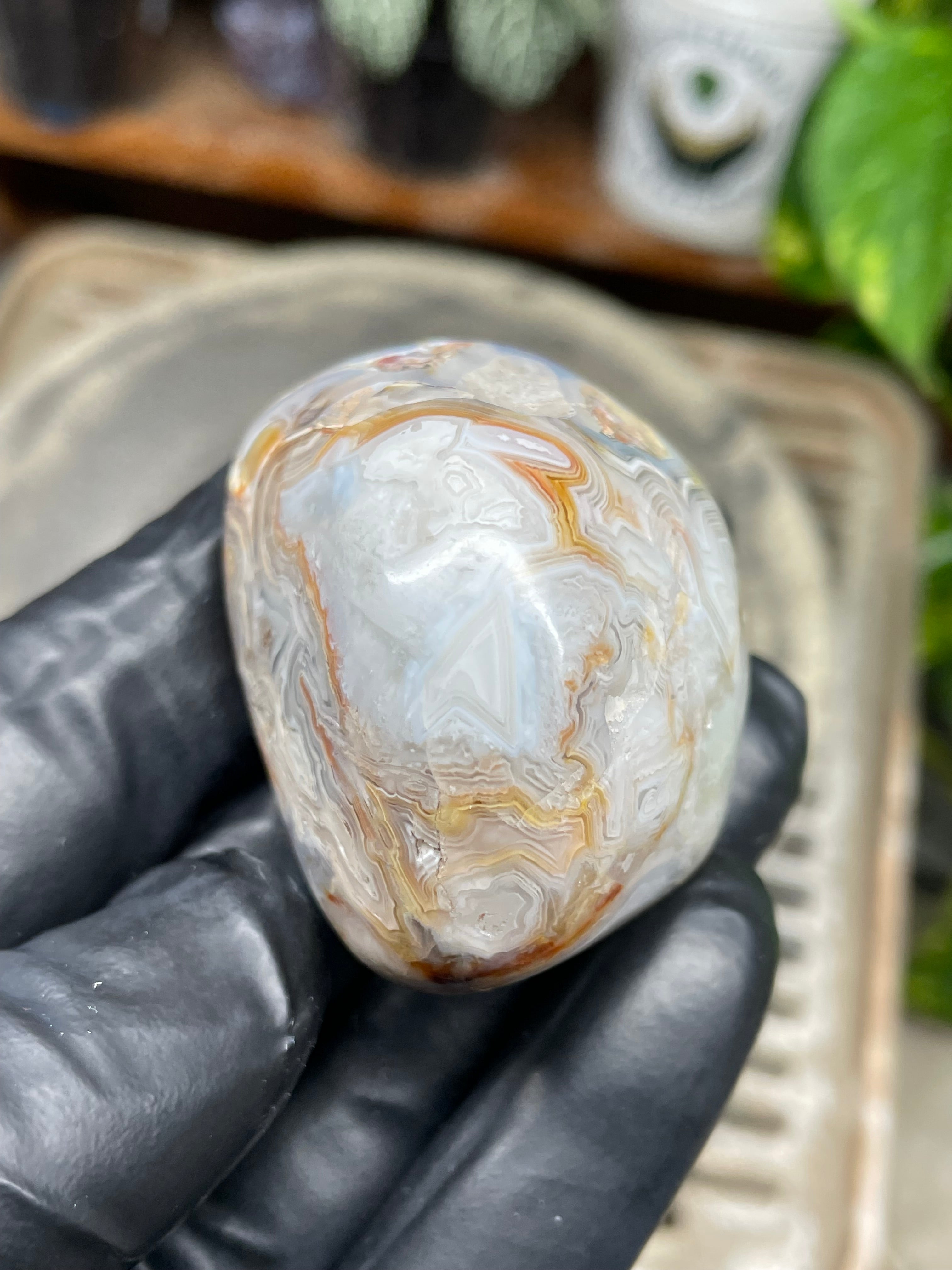 StoneBorn Creations Hand Polished Banded Agate Freeform – Natural Lace Patterns, Raw Base with Fully Shaped Top Display Stone
