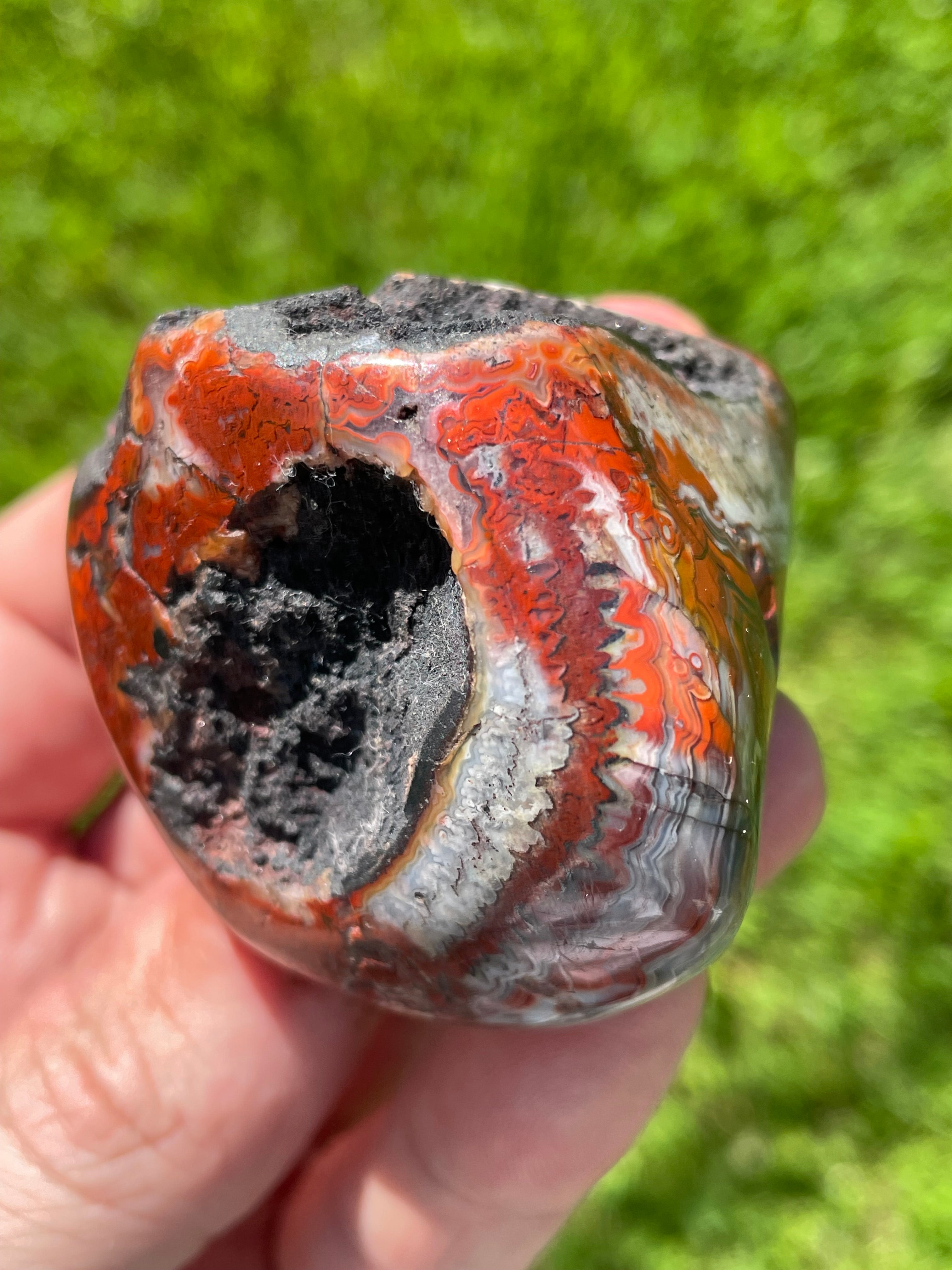StoneBorn Creations Hand-Polished Lace Agate Freeform with Crimson Fortification Banding, Natural Druzy Pocket, and Preserved Volcanic Matrix