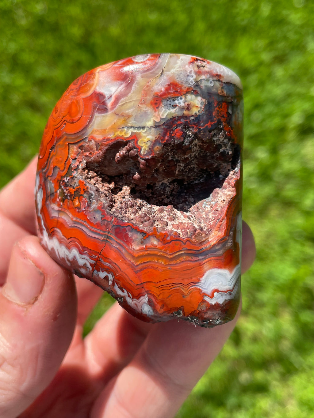 StoneBorn Creations Hand-Polished Lace Agate Freeform with Crimson Fortification Banding, Natural Druzy Pocket, and Preserved Volcanic Matrix