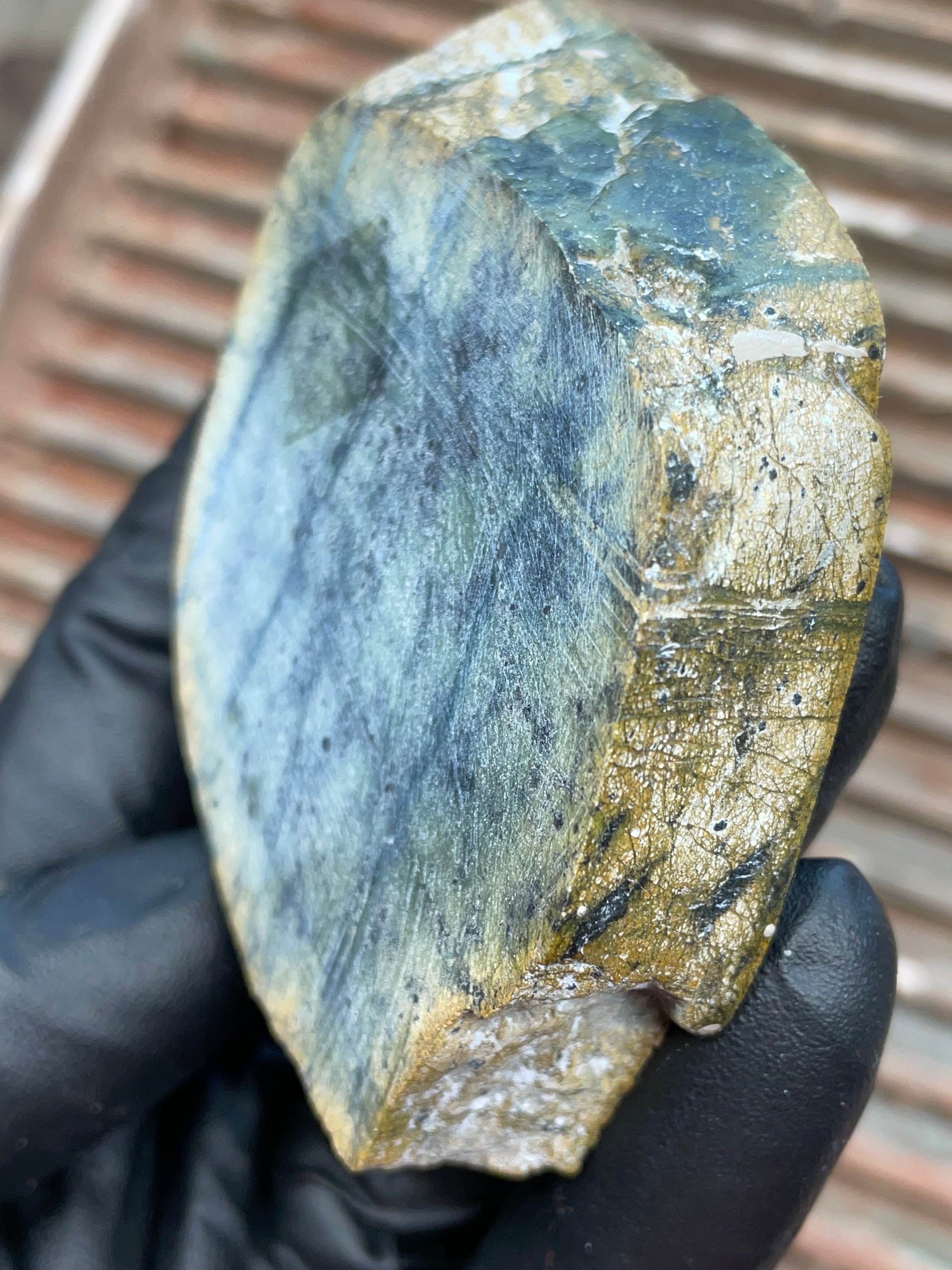 StoneBorn Creations | Polished Vermont Greenstone “Glacier Grid” Slab — Deep Forest Green + Golden Rind