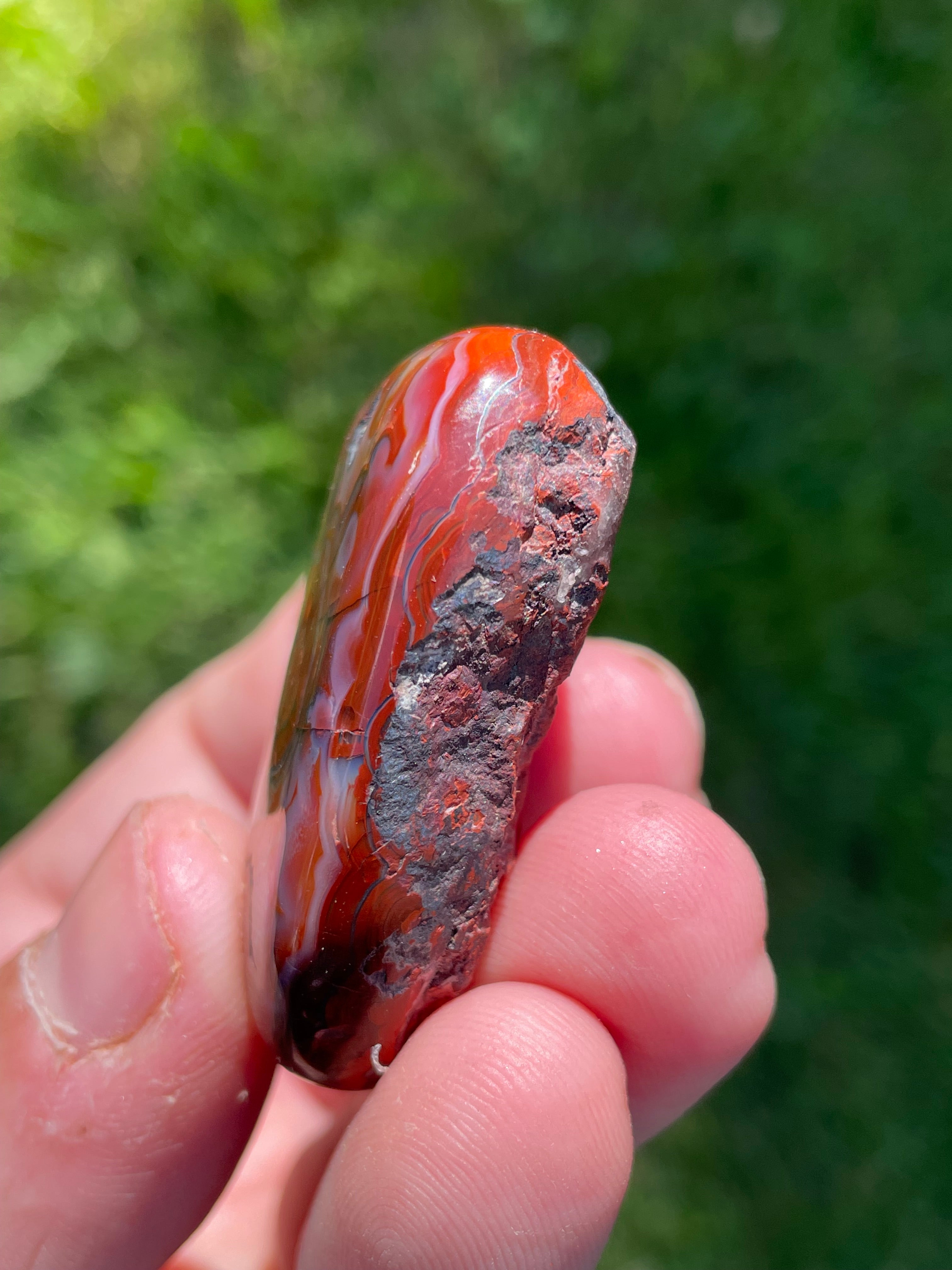 StoneBorn Creations Hand-Polished Lace Agate Freeform with Bold Red Plumes, Fortification Banding & Natural Matrix