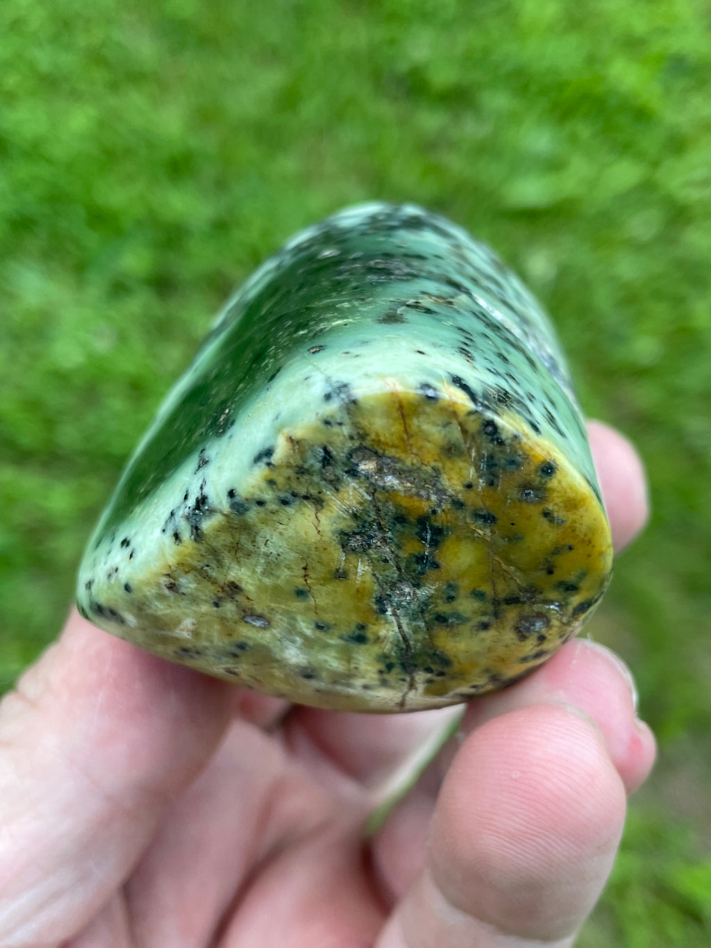 StoneBorn Creations Hand-Polished Green Serpentine Freeform with Deep Forest Green Pocket, Golden Matrix, and Natural Black Mineral Inclusions