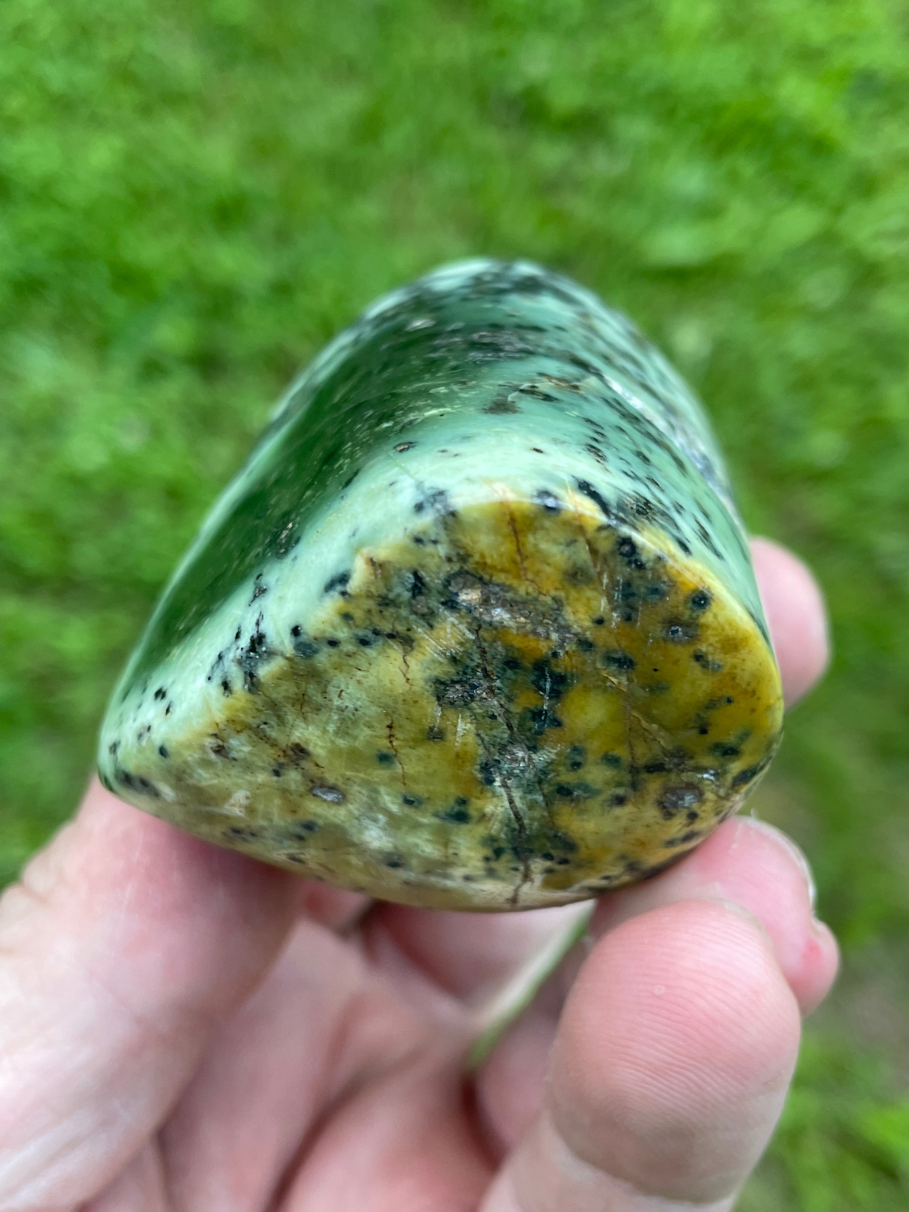 StoneBorn Creations Hand-Polished Green Serpentine Freeform with Deep Forest Green Pocket, Golden Matrix, and Natural Black Mineral Inclusions