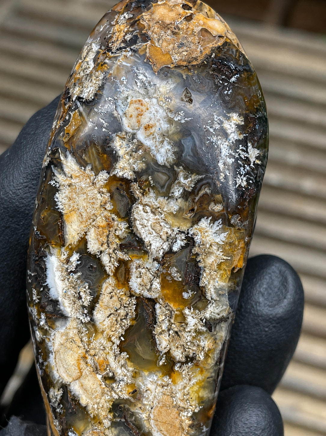 StoneBorn Creations Hand-Polished Trent Agate Freeform with Creamy Plume Inclusions, Druzy Cavities & Earth-Toned Chalcedony