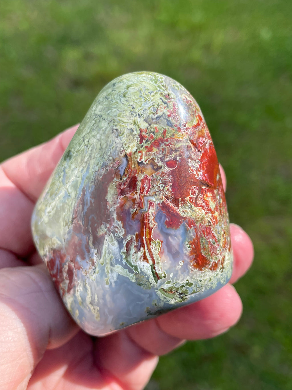 StoneBorn Creations Hand-Polished Agate Freeform with Blue Chalcedony, Deep Red Jasper Inclusions and Green Mossy Matrix