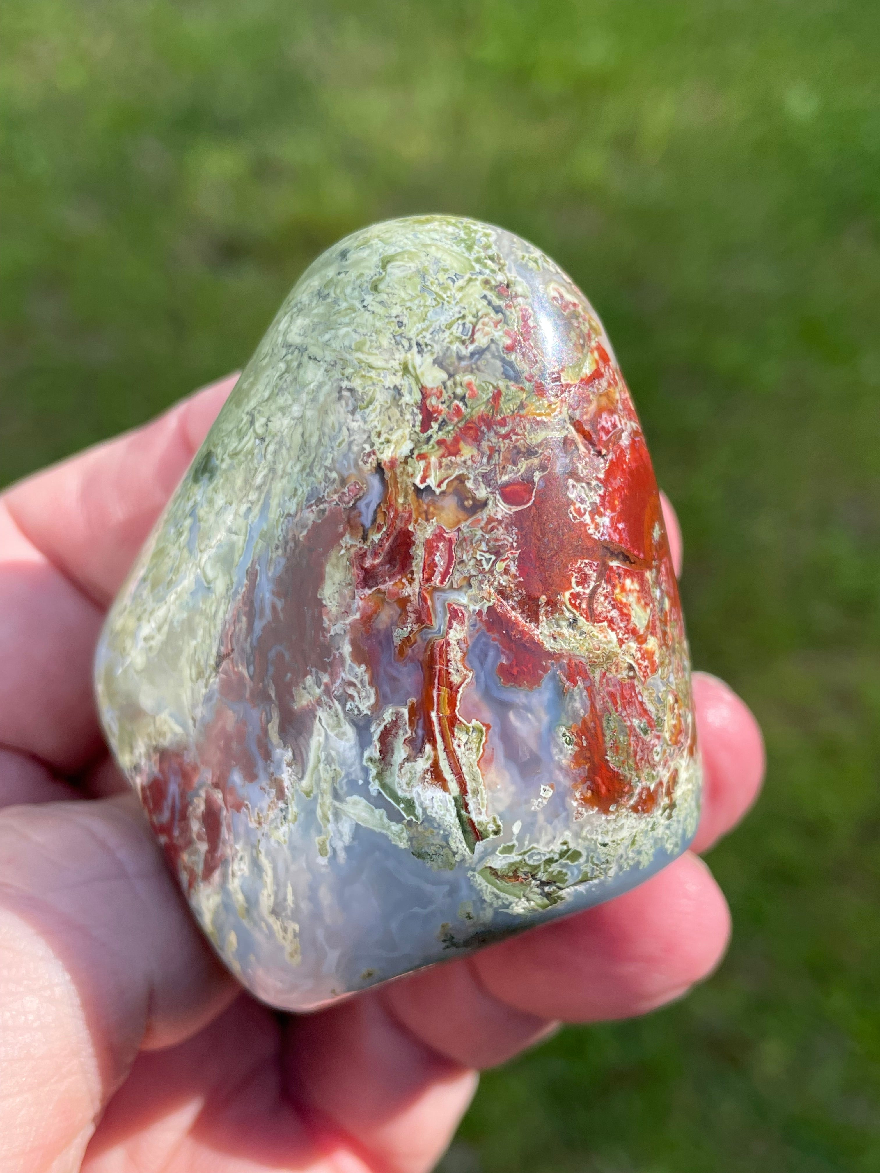 StoneBorn Creations Hand-Polished Agate Freeform with Blue Chalcedony, Deep Red Jasper Inclusions and Green Mossy Matrix