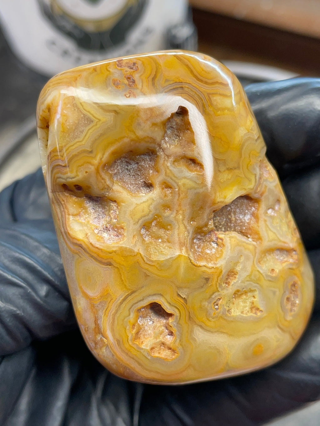 StoneBorn Creations – Crowley Ridge Agate w/ Golden Lace Banding & Natural Druzy Pockets (Hand-Polished)