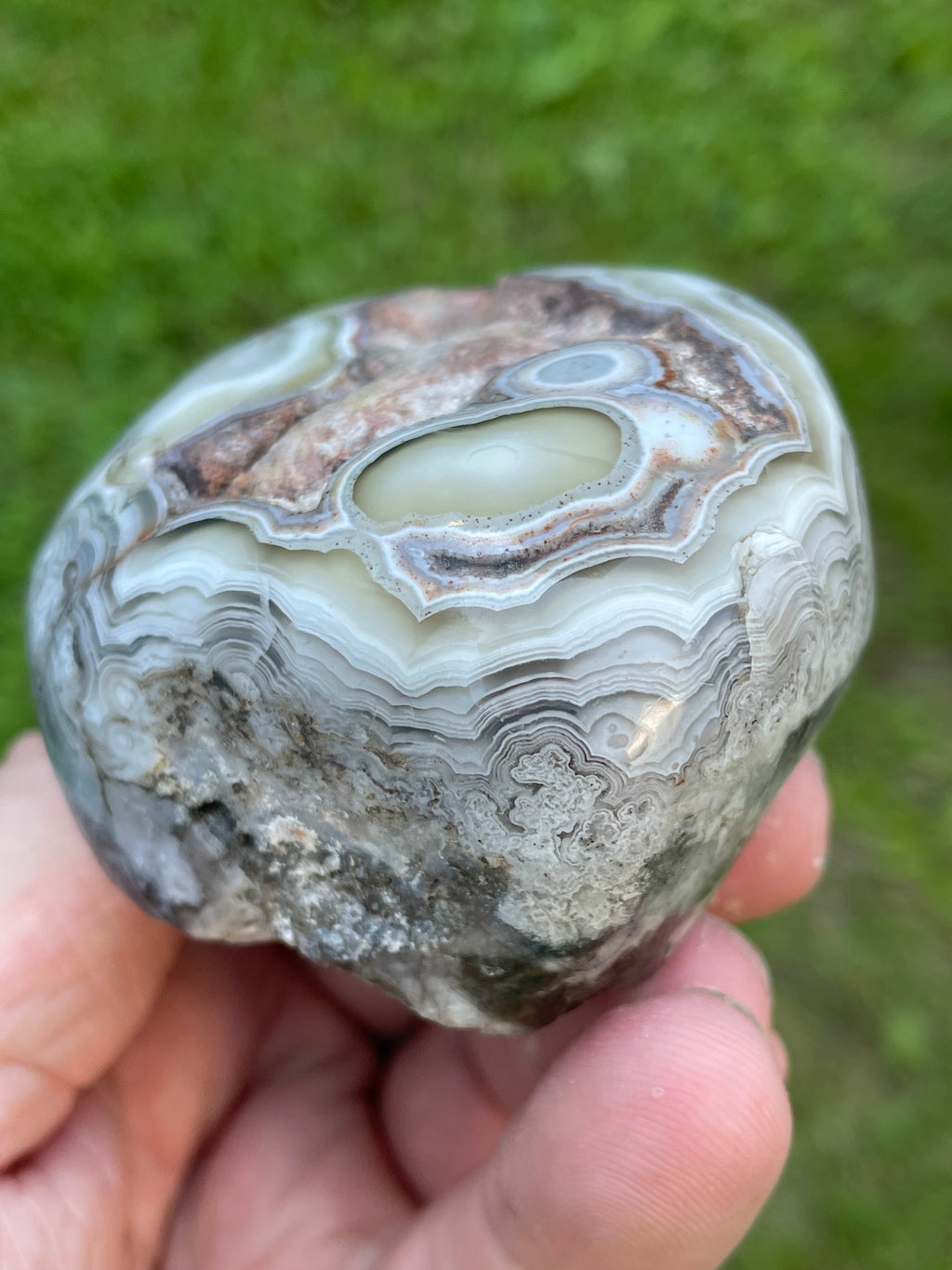 StoneBorn Creations Hand-Polished Lace Agate Freeform with Intricate Fortification Banding, Orbicular Eyes, Natural Matrix & Curved Display Face