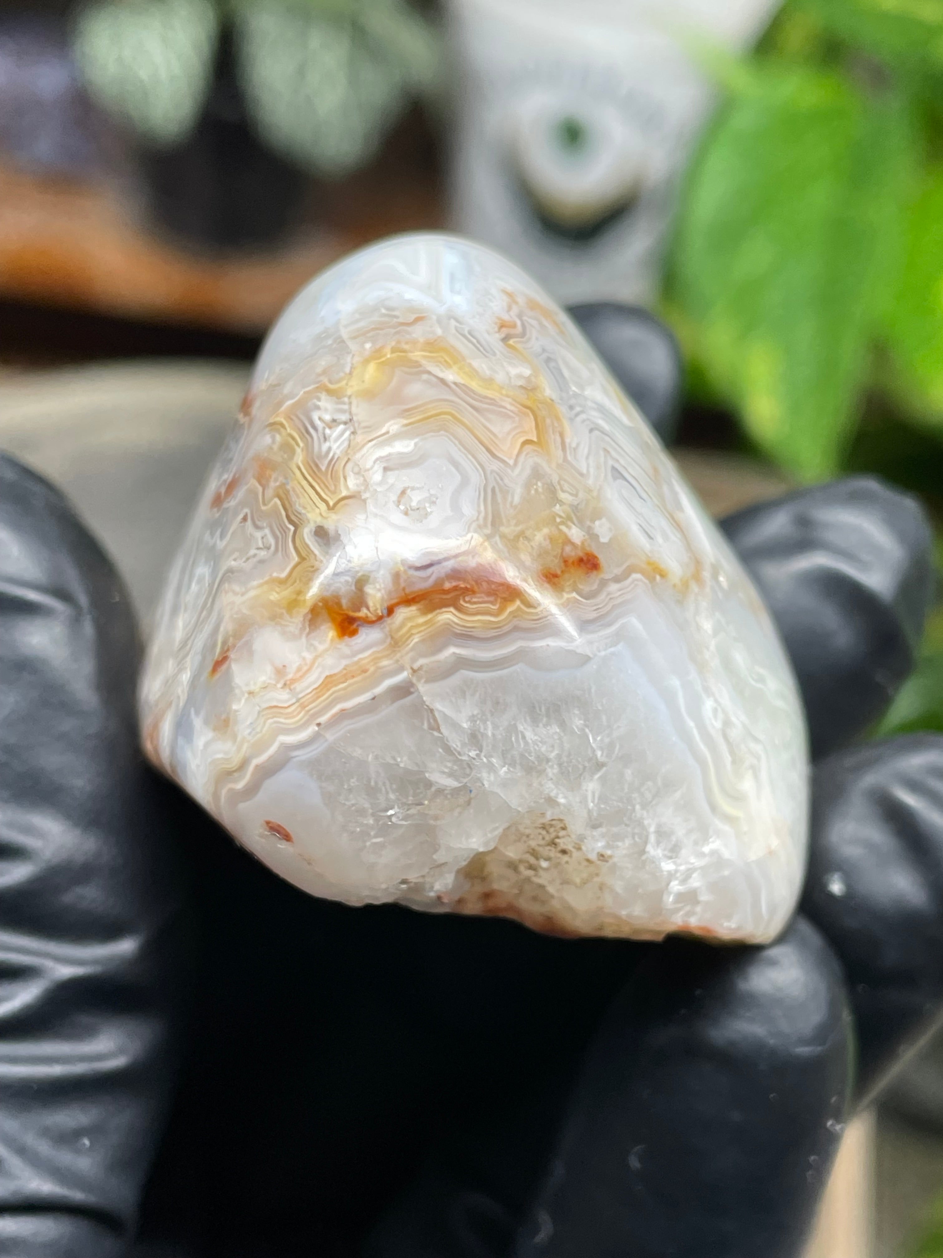 StoneBorn Creations Hand Polished Banded Agate Freeform – Natural Lace Patterns, Raw Base with Fully Shaped Top Display Stone