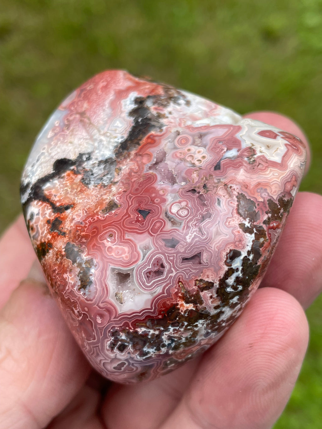 StoneBorn Creations Hand-Polished Lace Agate Freeform with Crimson Fortification Banding, Natural Druzy Cavities, and Intricate Orbicular Patterns