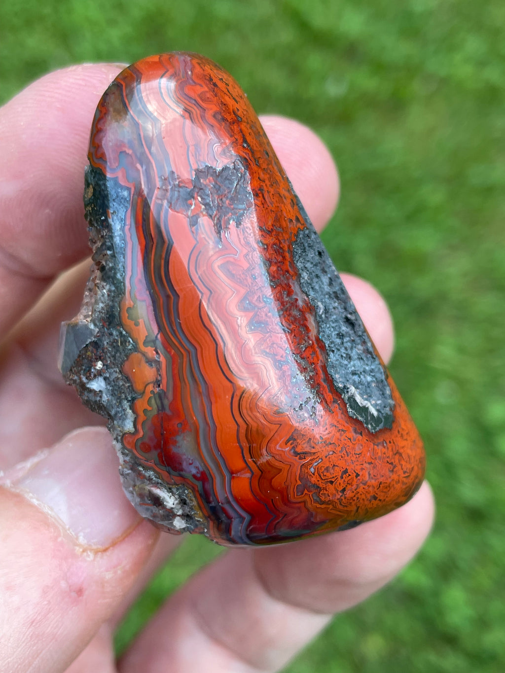 StoneBorn Creations Hand-Polished Lace Agate Freeform with Intricate Fortification Banding, Bold Red Plumes & Natural Druzy Matrix