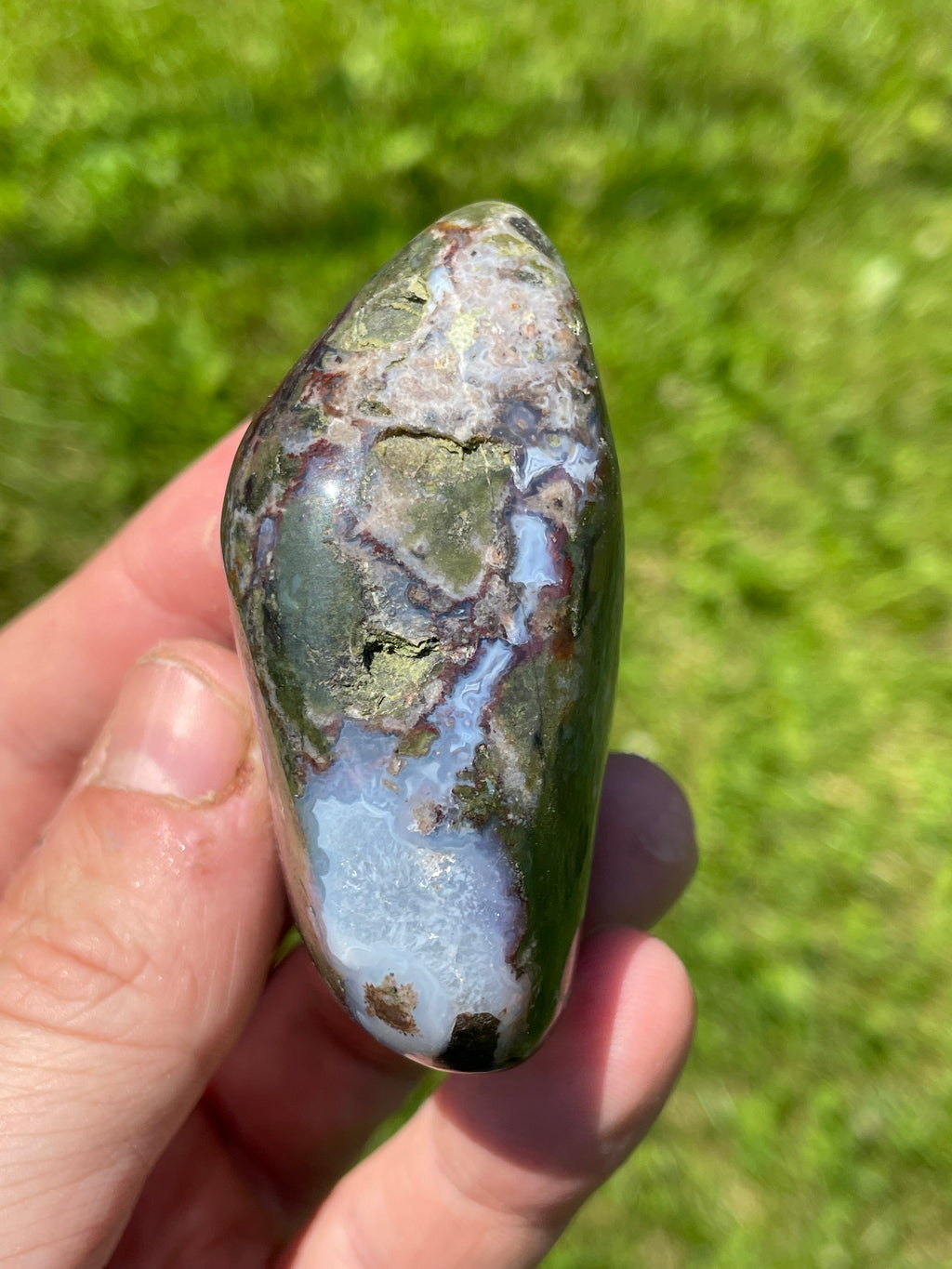 StoneBorn Creations Hand-Polished Green Serpentine & Red Jasper Freeform with Blue Chalcedony Pockets