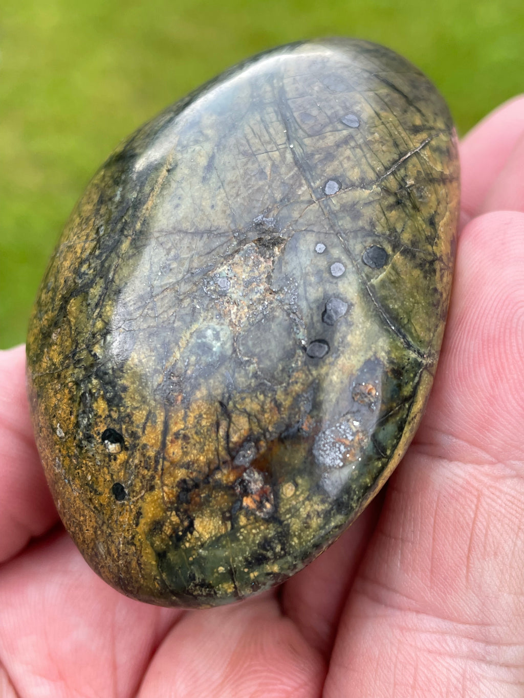 StoneBorn Creations Hand Polished Serpentine Freeform with Natural Olive Matrix, White Mineral Inclusions and Intricate Veining