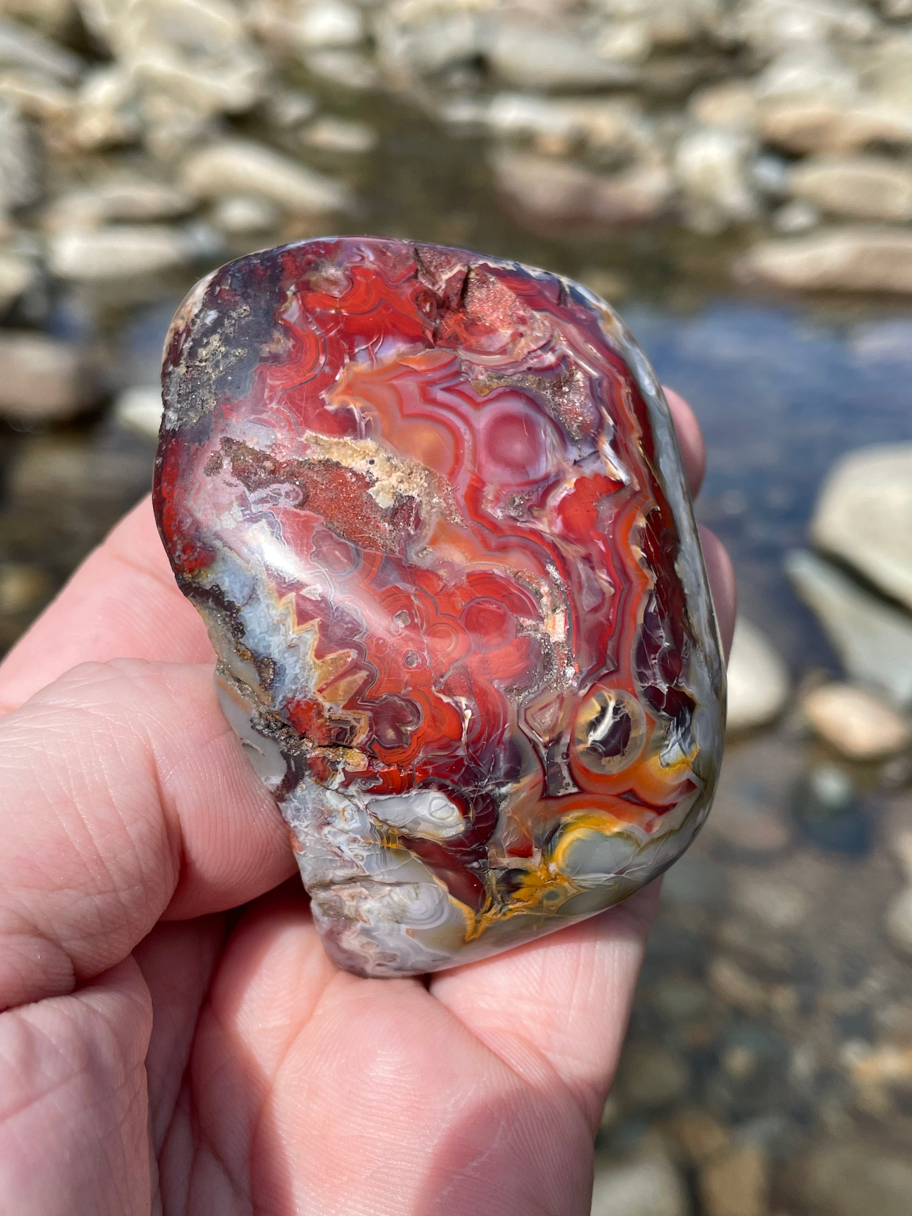 StoneBorn Creations Hand Polished Lace Agate Freeform with Fiery Crimson Banding and Natural Raw Backing