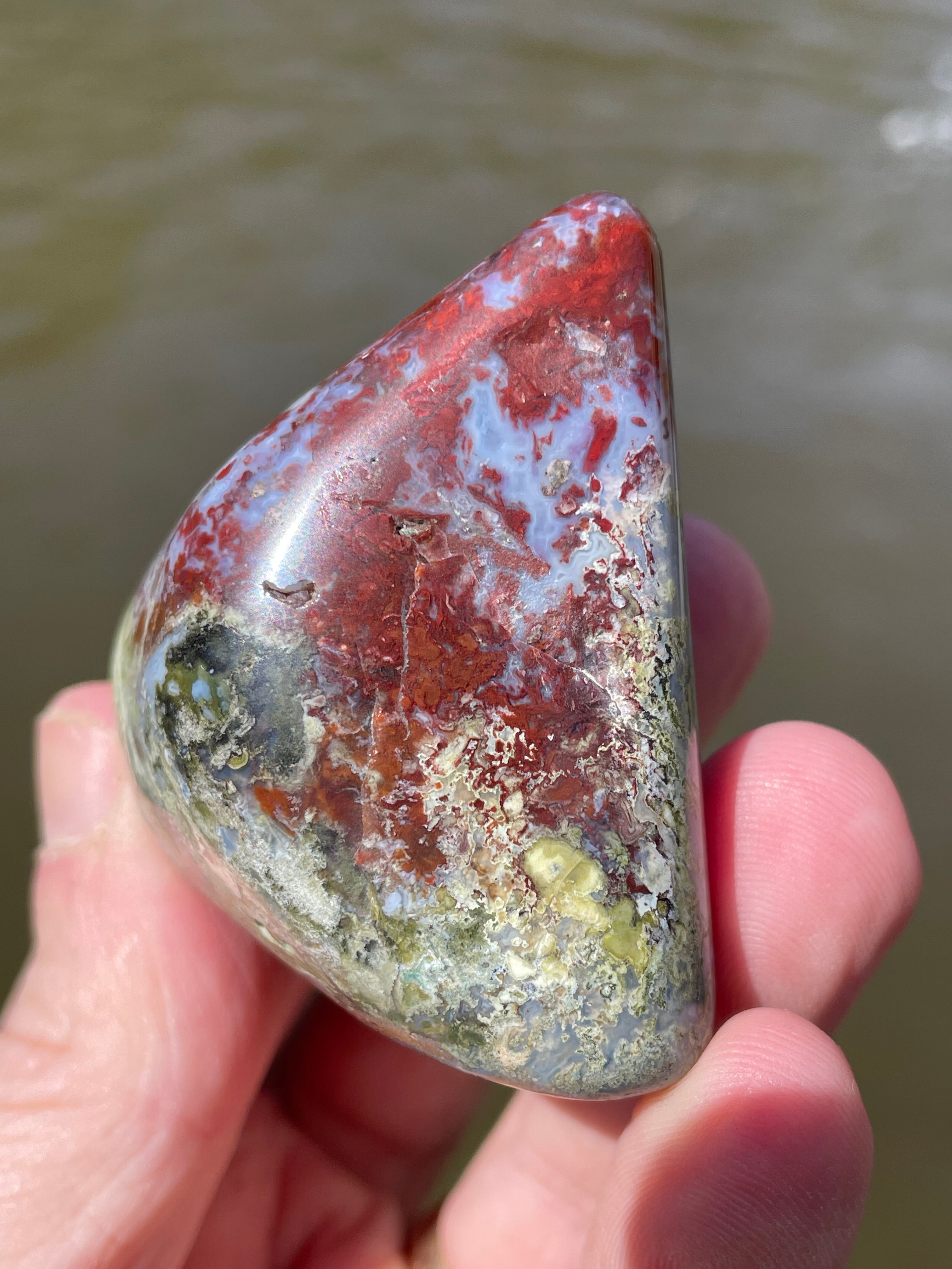 StoneBorn Creations Hand-Polished Lace Agate with Crimson Plumes, Moss Green Inclusions & Natural Freeform Finish