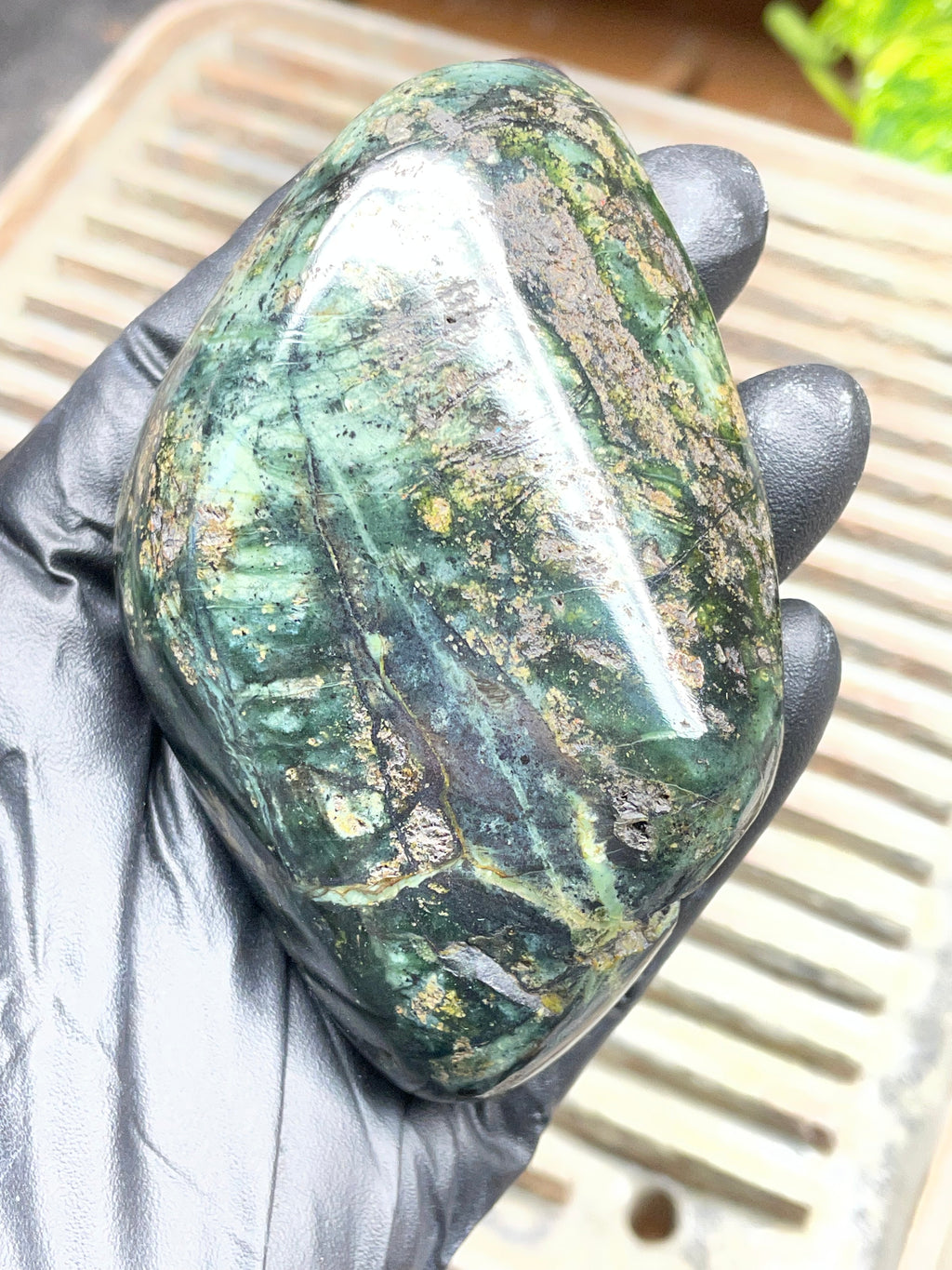 StoneBorn Creations Half-Polished Vermont Serpentine with Natural Gold Flecking – Raw & Polished One-of-a-Kind Display Stone