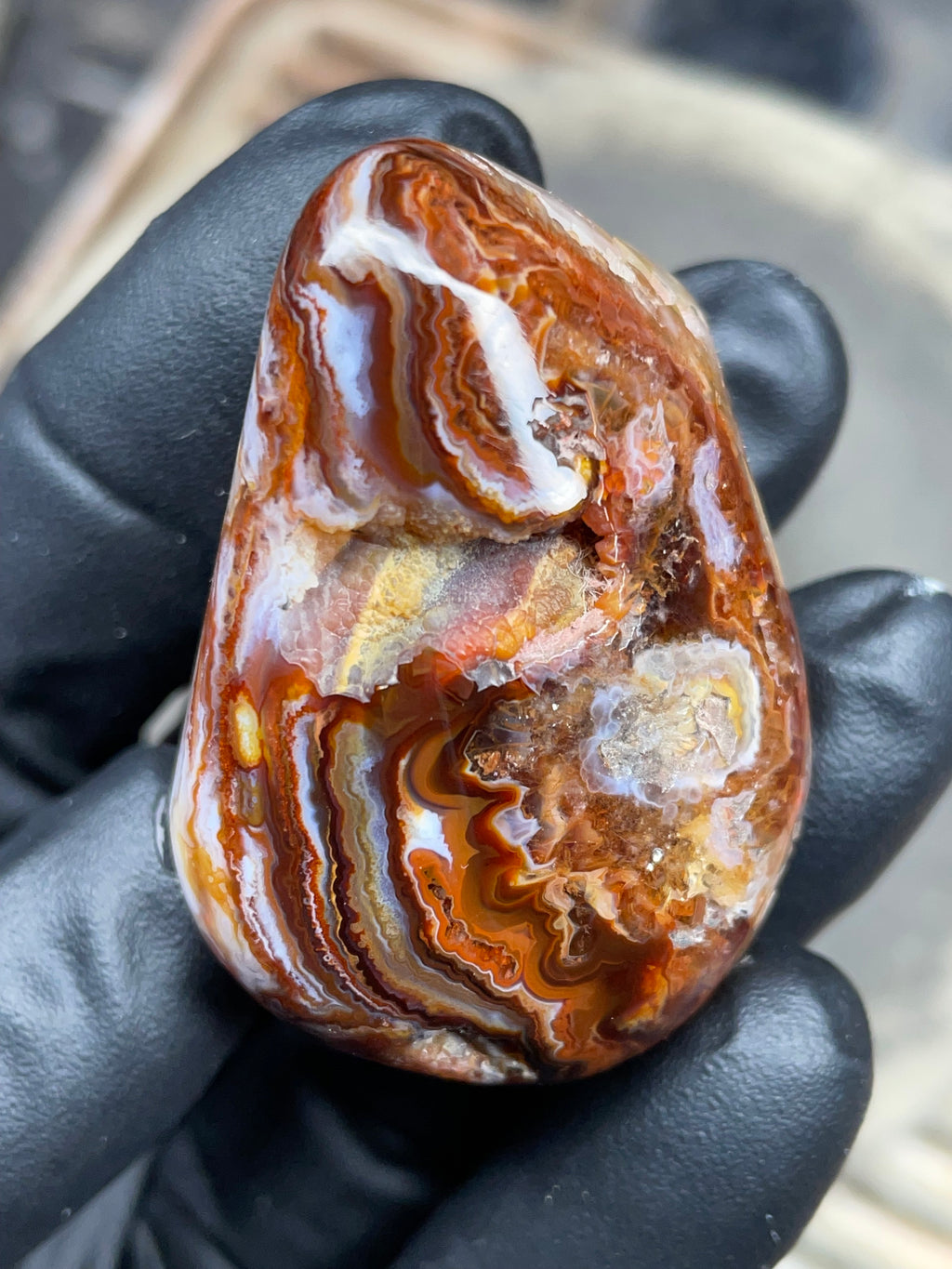StoneBorn Creations Hand-Polished Fire Agate with Raw Crystal Top – Banded Natural Agate Display Stone