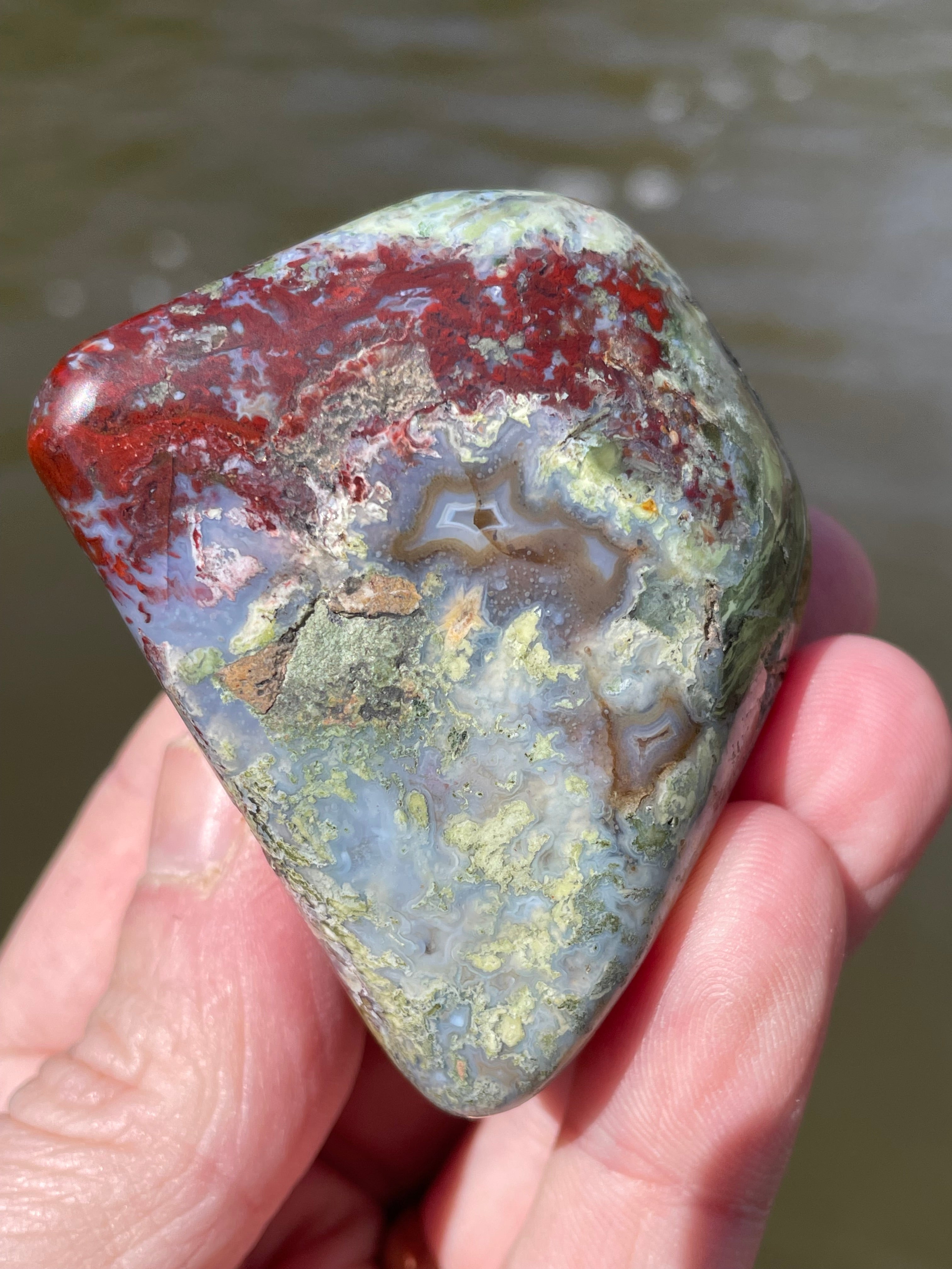 StoneBorn Creations Hand-Polished Lace Agate with Crimson Plumes, Moss Green Inclusions & Natural Freeform Finish