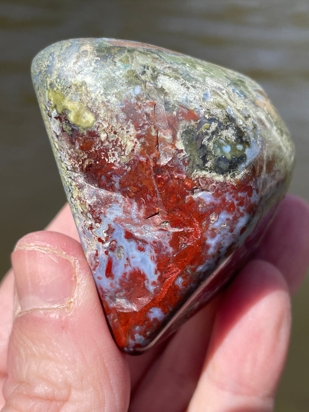 StoneBorn Creations Hand-Polished Lace Agate with Crimson Plumes, Moss Green Inclusions & Natural Freeform Finish