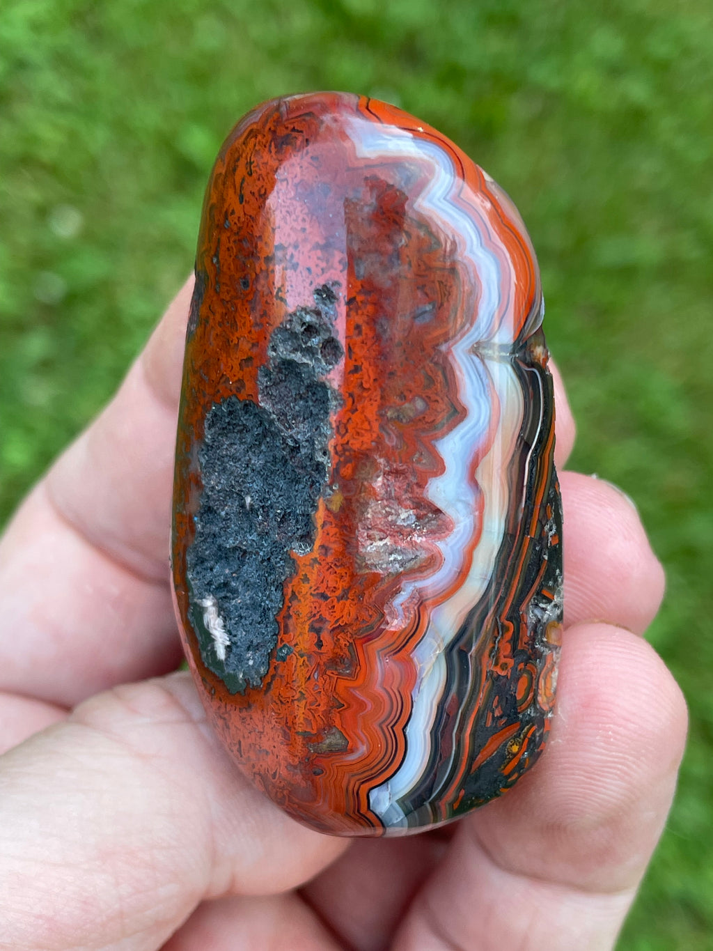 StoneBorn Creations Hand-Polished Lace Agate Freeform with Intricate Fortification Banding, Bold Red Plumes & Natural Druzy Matrix