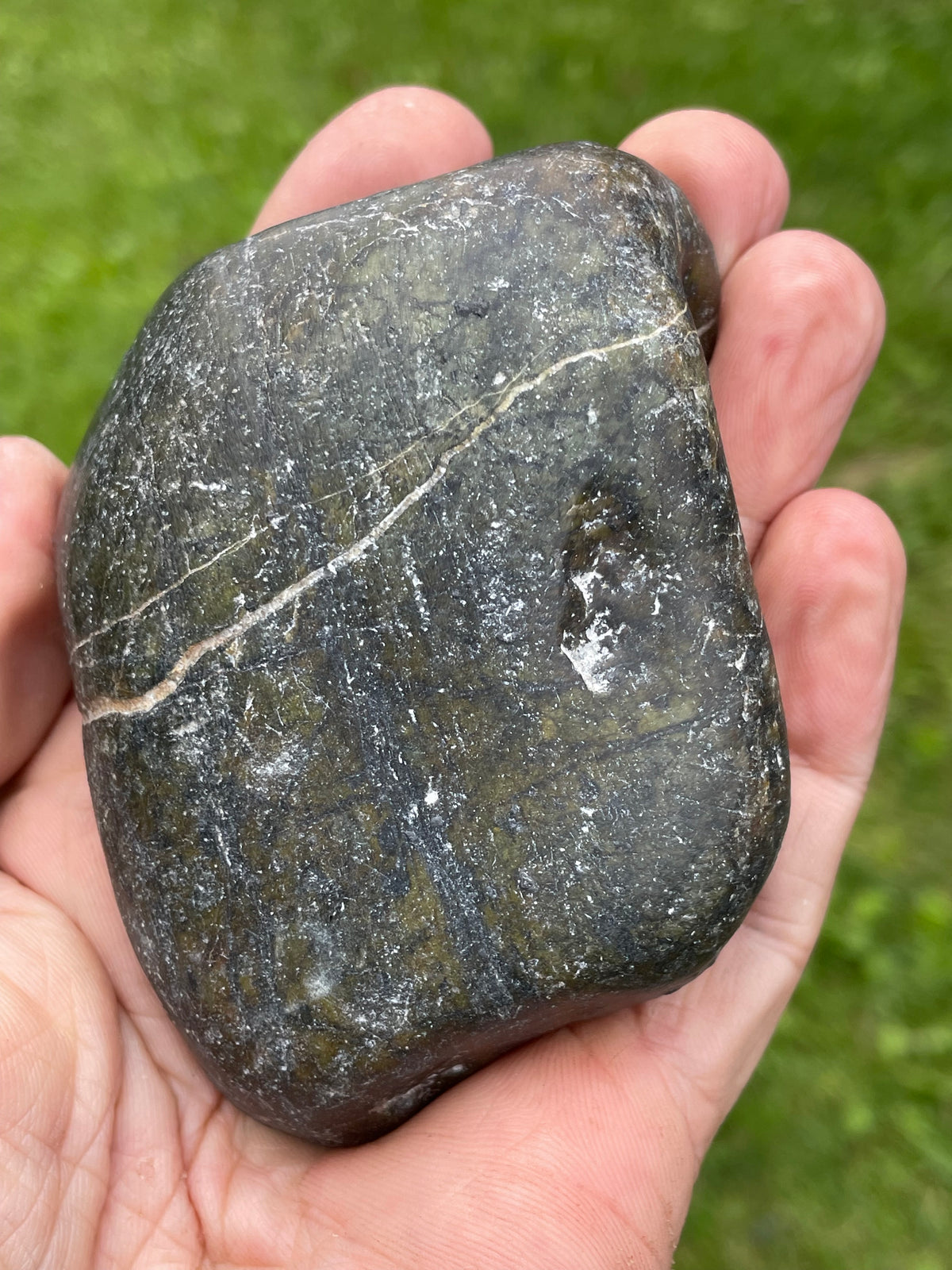 StoneBorn Creations – Natural Greenstone with White Mineral Veining | Hand-Polished River Stone