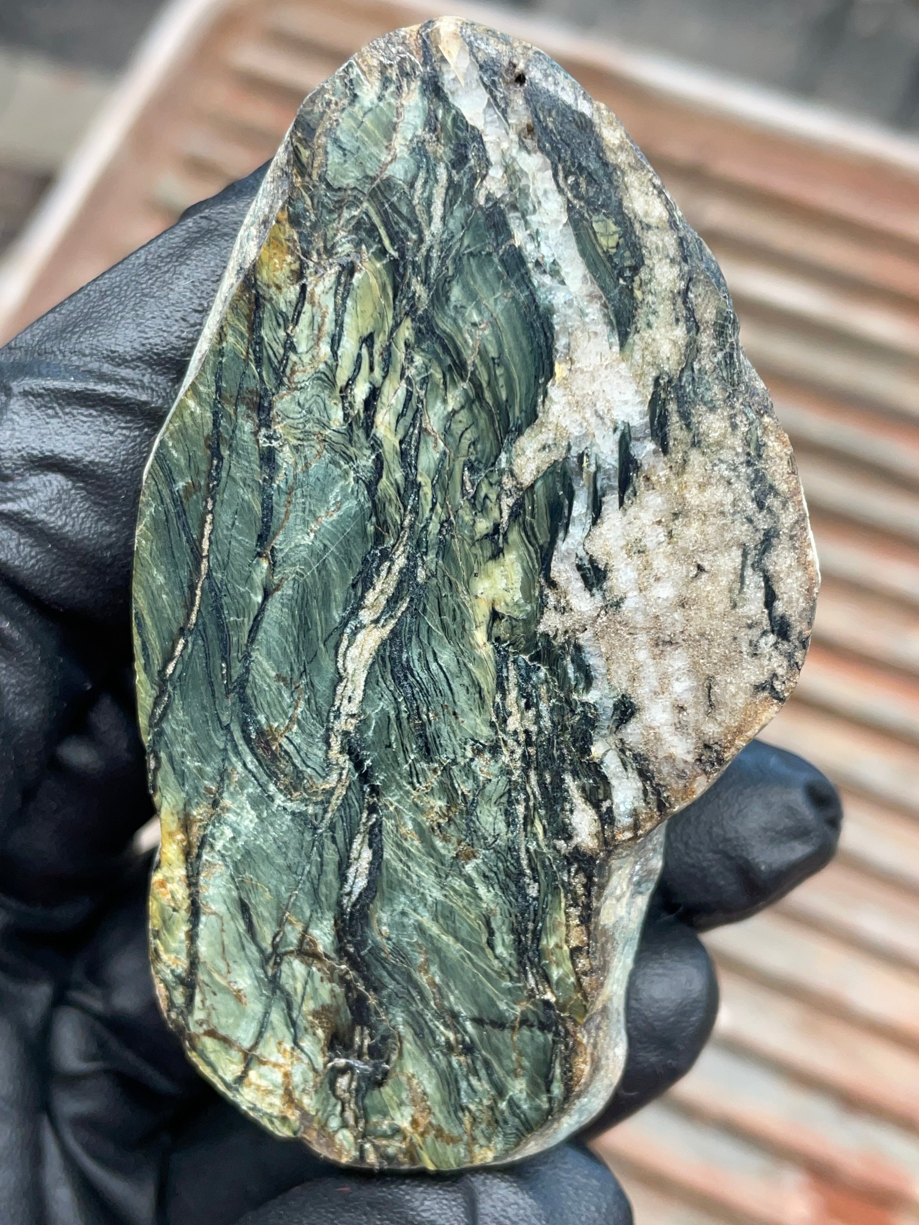StoneBorn Creations | Polished Vermont Greenstone Slab — Flowing Forest Bands + Quartz Seam