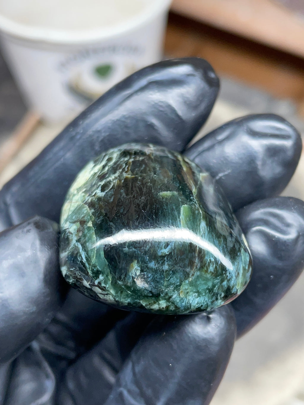 StoneBorn Creations Hand-Polished Vermont Serpentine – Deep Green Natural Patterns – One-of-a-Kind Display Stone