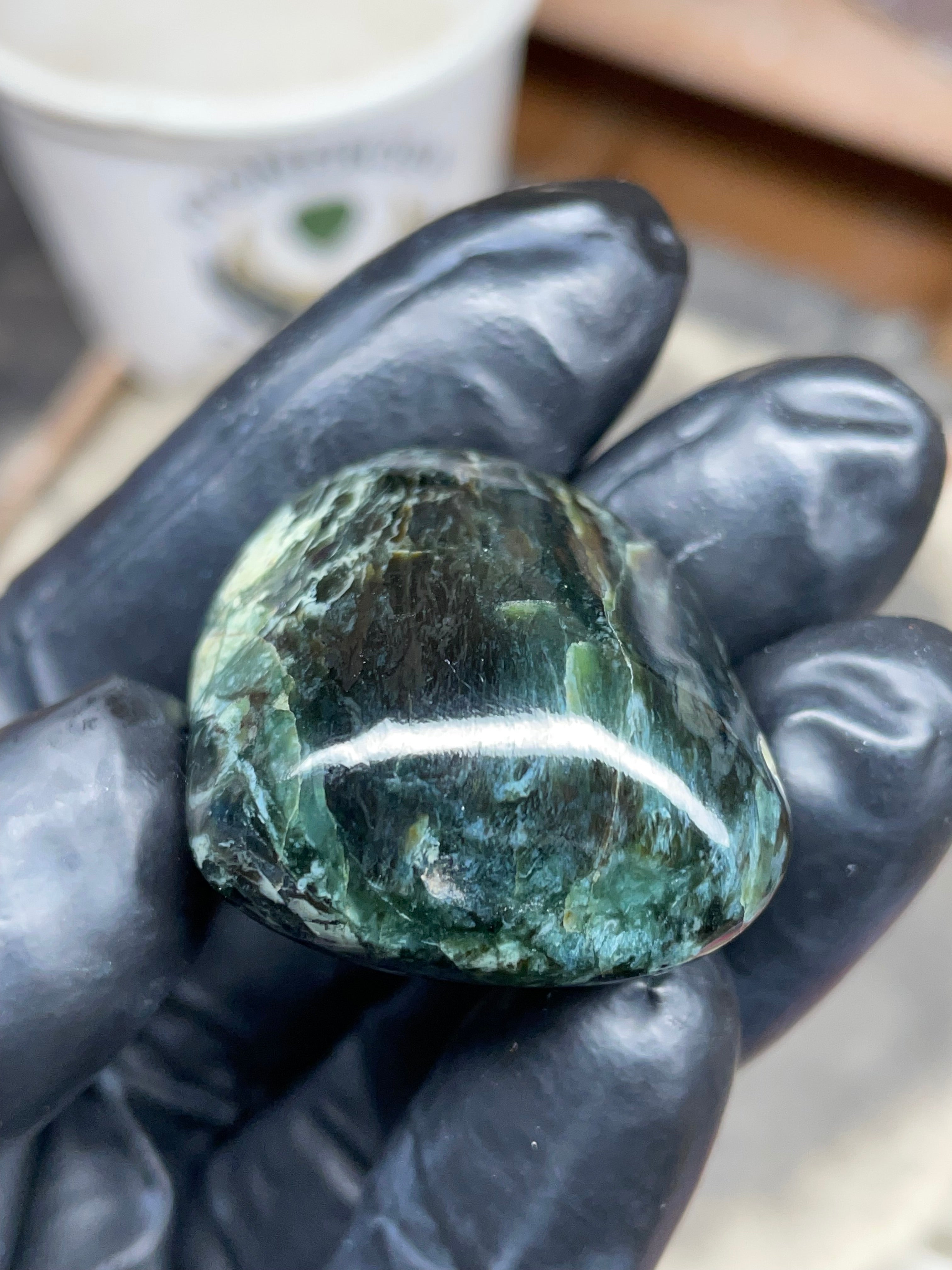 StoneBorn Creations Hand-Polished Vermont Serpentine – Deep Green Natural Patterns – One-of-a-Kind Display Stone