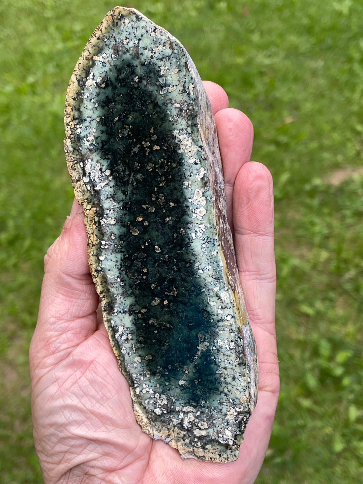 StoneBorn Creations – Deep Forest Green Serpentine Display Stone | Natural Polished Face with Black & Sage Green Mineral Patterns