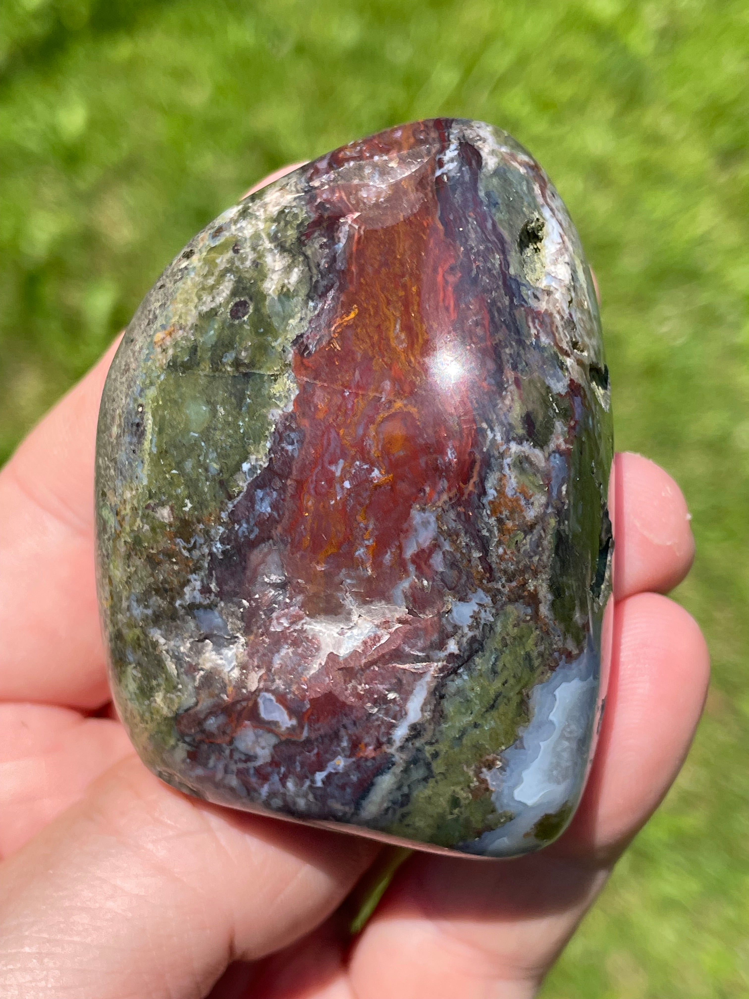 StoneBorn Creations Hand-Polished Green Serpentine & Red Jasper Freeform with Blue Chalcedony Pockets