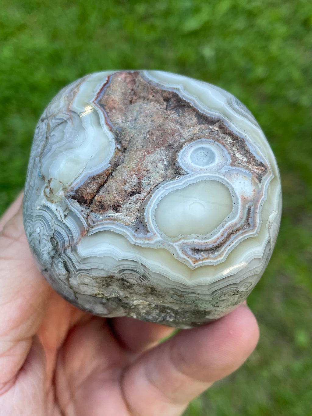 StoneBorn Creations Hand-Polished Lace Agate Freeform with Intricate Fortification Banding, Orbicular Eyes, Natural Matrix & Curved Display Face