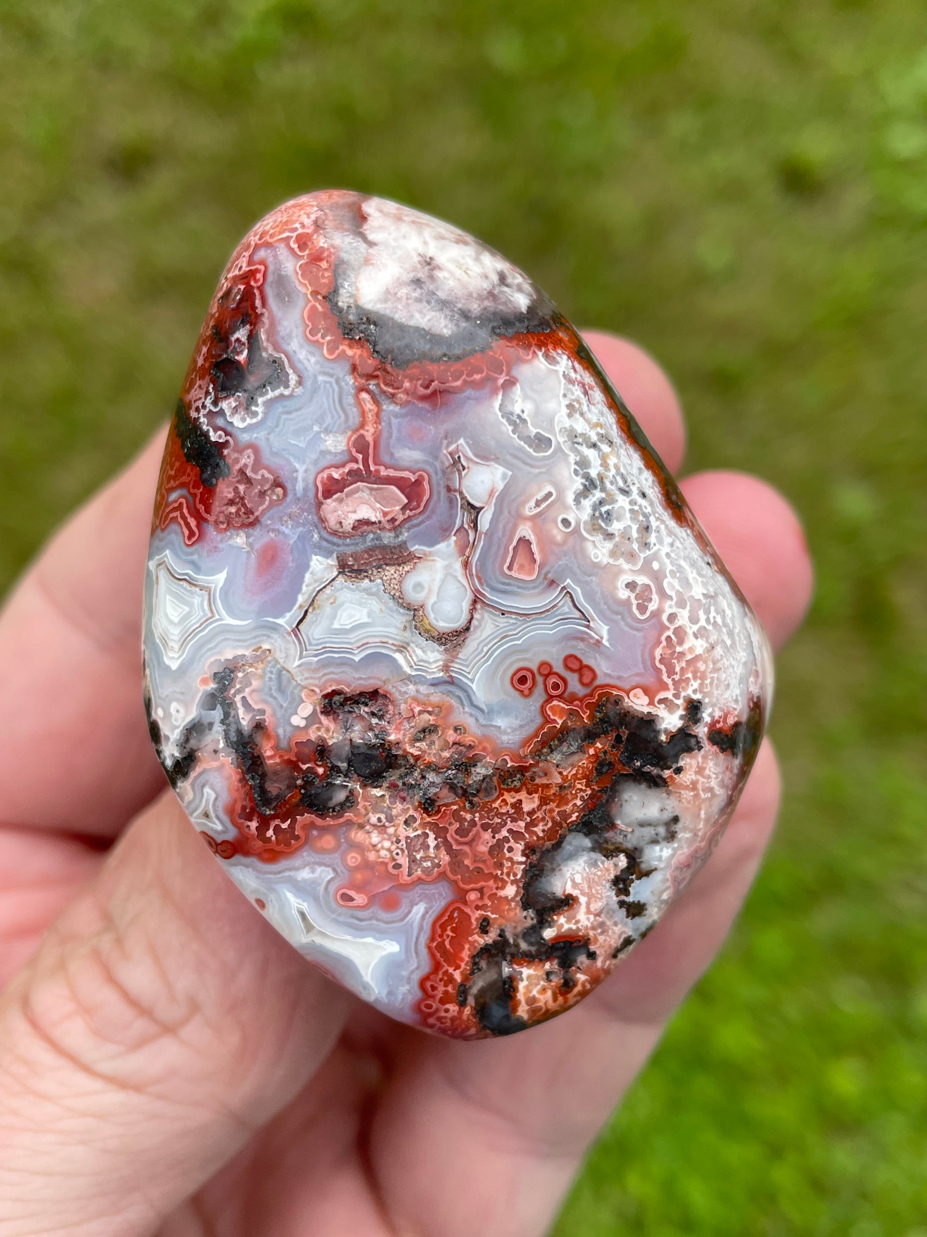 StoneBorn Creations Hand-Polished Lace Agate Freeform with Crimson Fortification Banding, Natural Druzy Cavities, and Intricate Orbicular Patterns