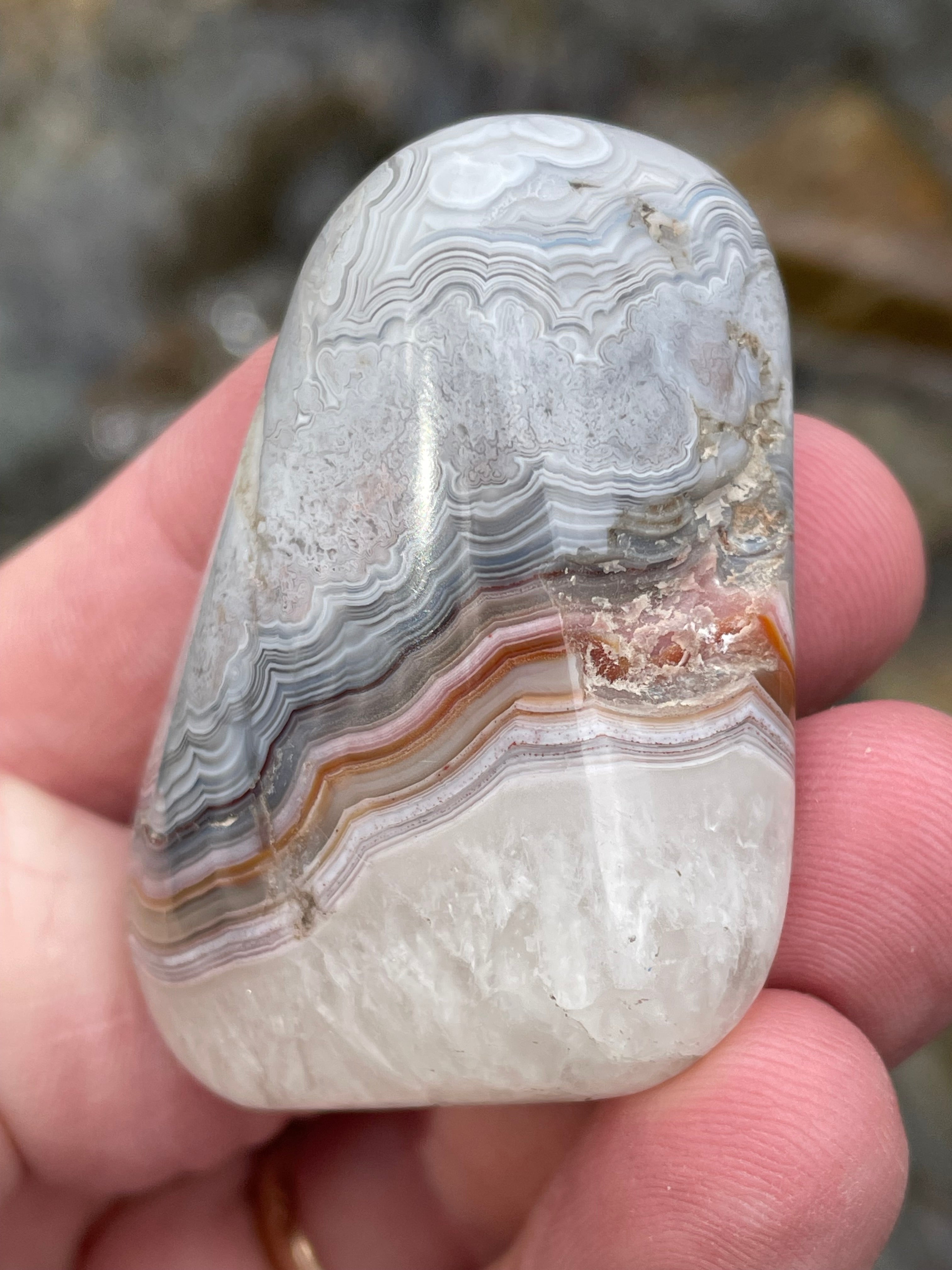 StoneBorn Creations Hand-Polished Banded Agate with Soft Grey Lace Layers, Subtle Earth Tones & Natural Quartz Base – Freeform Finish