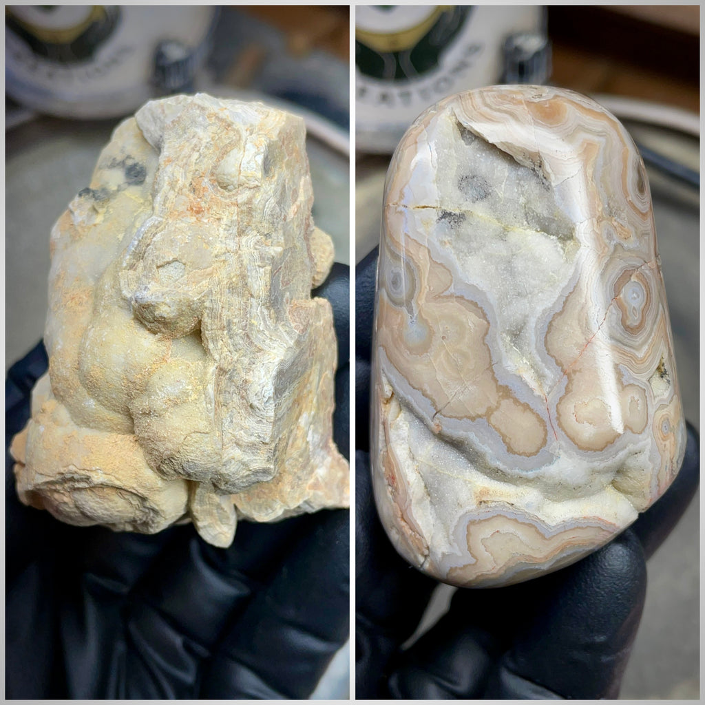 StoneBorn Creations – Hand Polished Georgia Lace Agate with Natural Druzy Crystal Pocket | One-of-a-Kind Display Stone