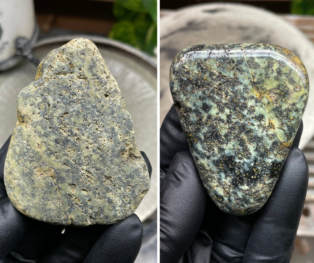 Hand-Polished Vermont Serpentine with Golden Flecking, Deep Green Tones, and Natural Matrix Freeform Finish