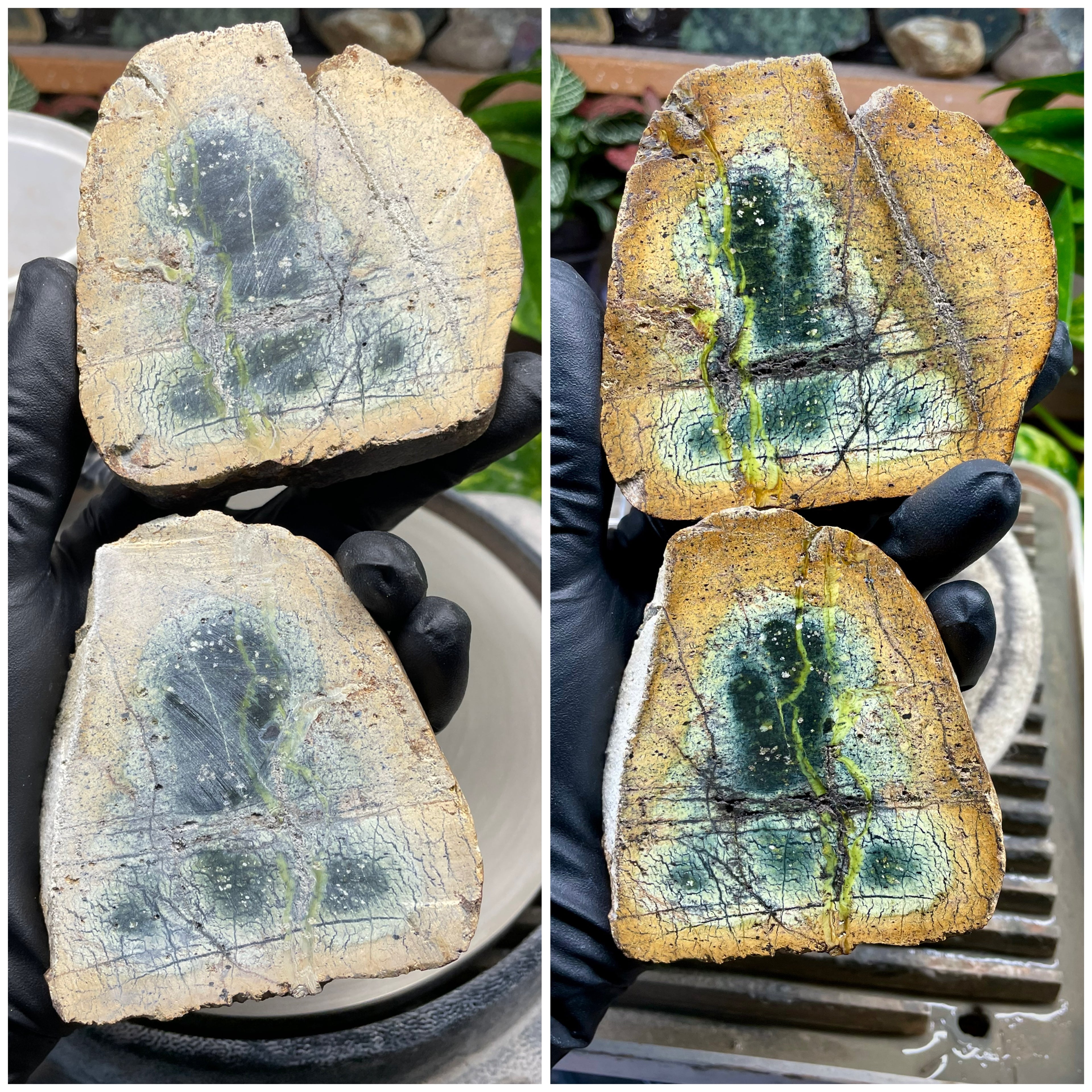 StoneBorn Creations Hand-Polished Vermont Serpentine Pair – River-Cut Matching Halves with Green Mineral Veins & Natural Fracture Patterns